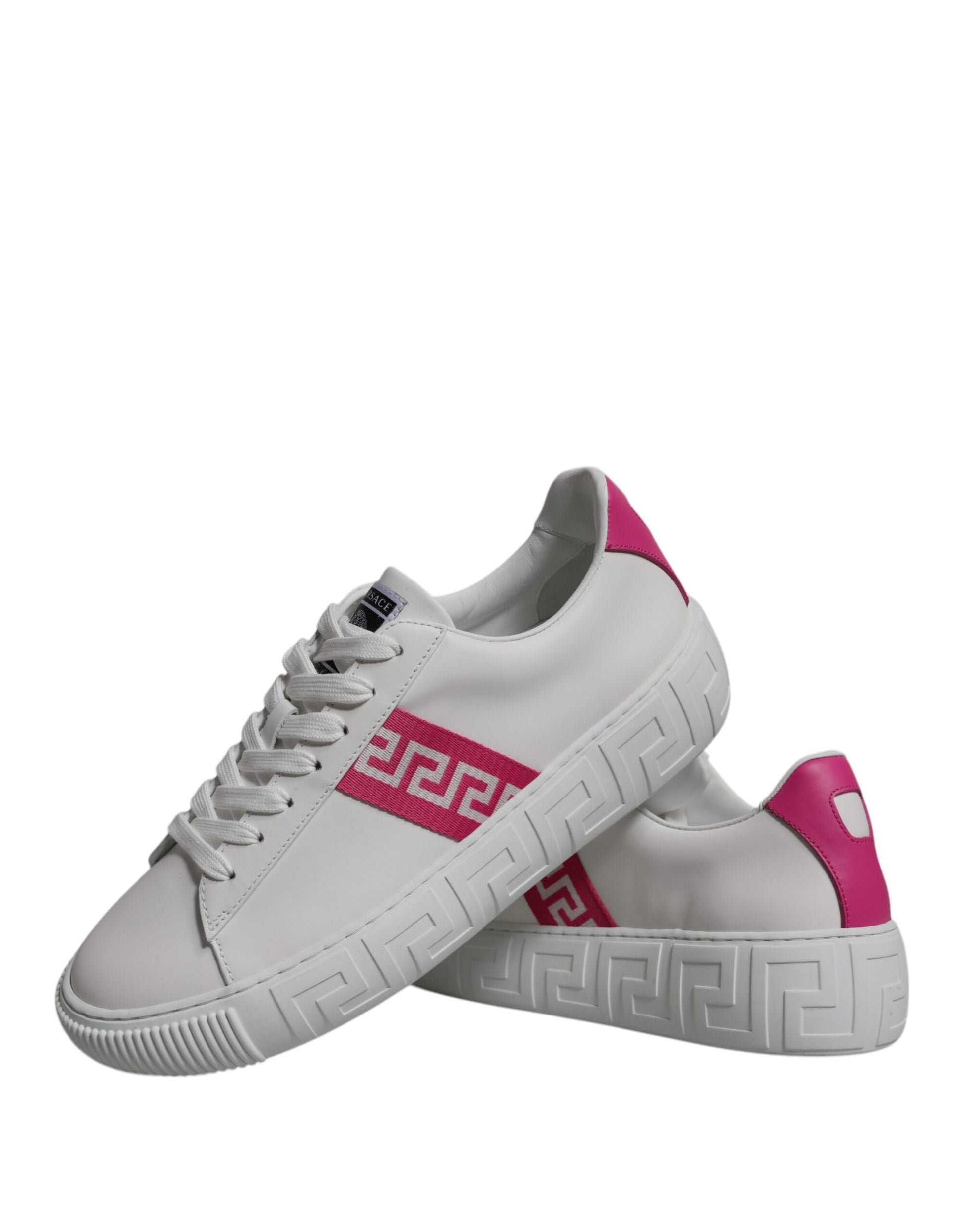 Versace White Pink Greca Print Platform Low Top Sneakers Shoes Curated Luxury Accessories by Orvyn