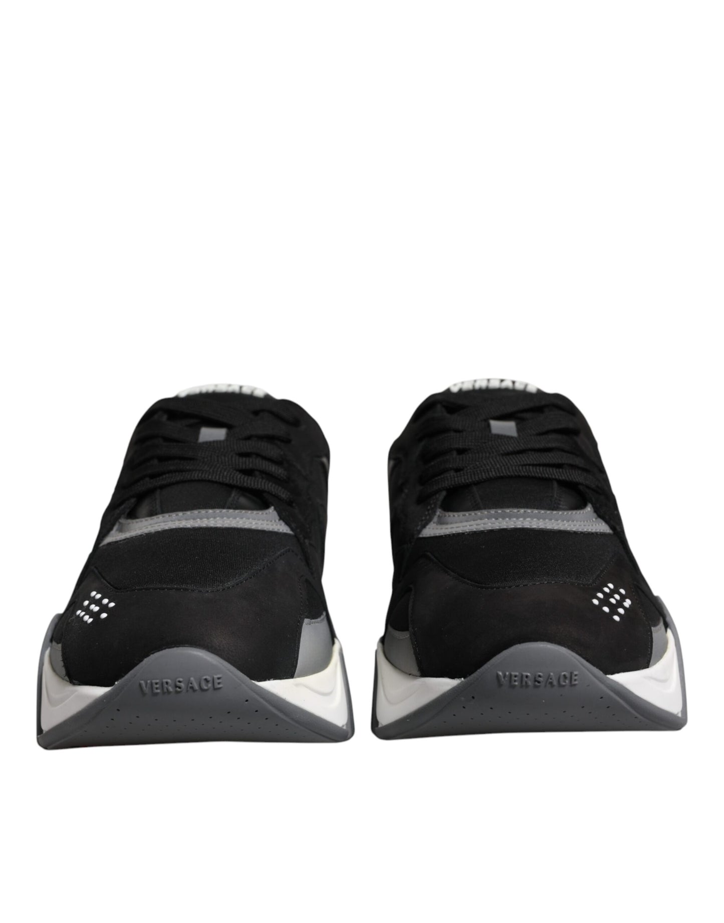 Versace Black Leather Neoprene Chunky Low Top Sneakers Squalo Shoes Curated Luxury Accessories by Orvyn