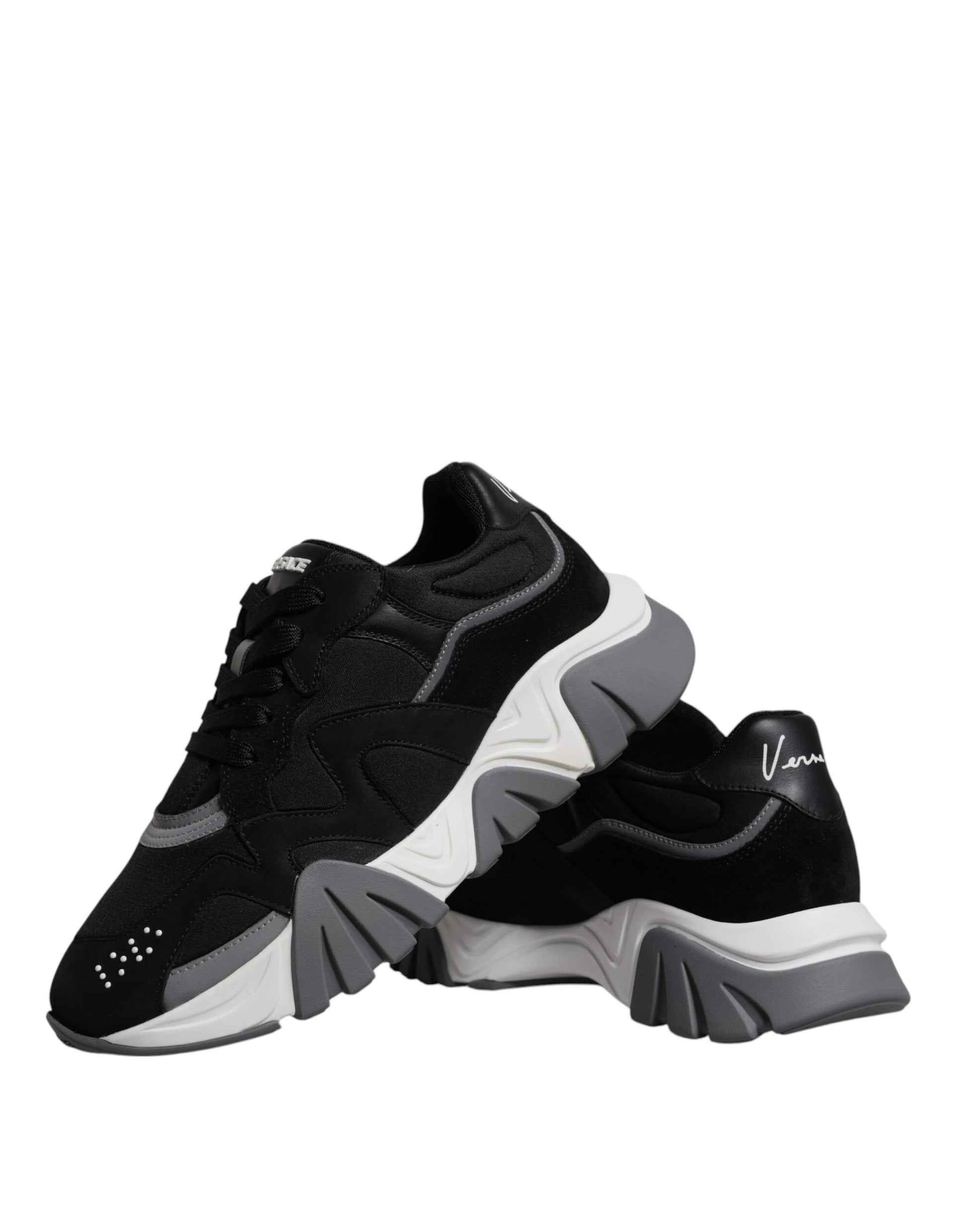 Versace Black Leather Neoprene Chunky Low Top Sneakers Squalo Shoes Curated Luxury Accessories by Orvyn