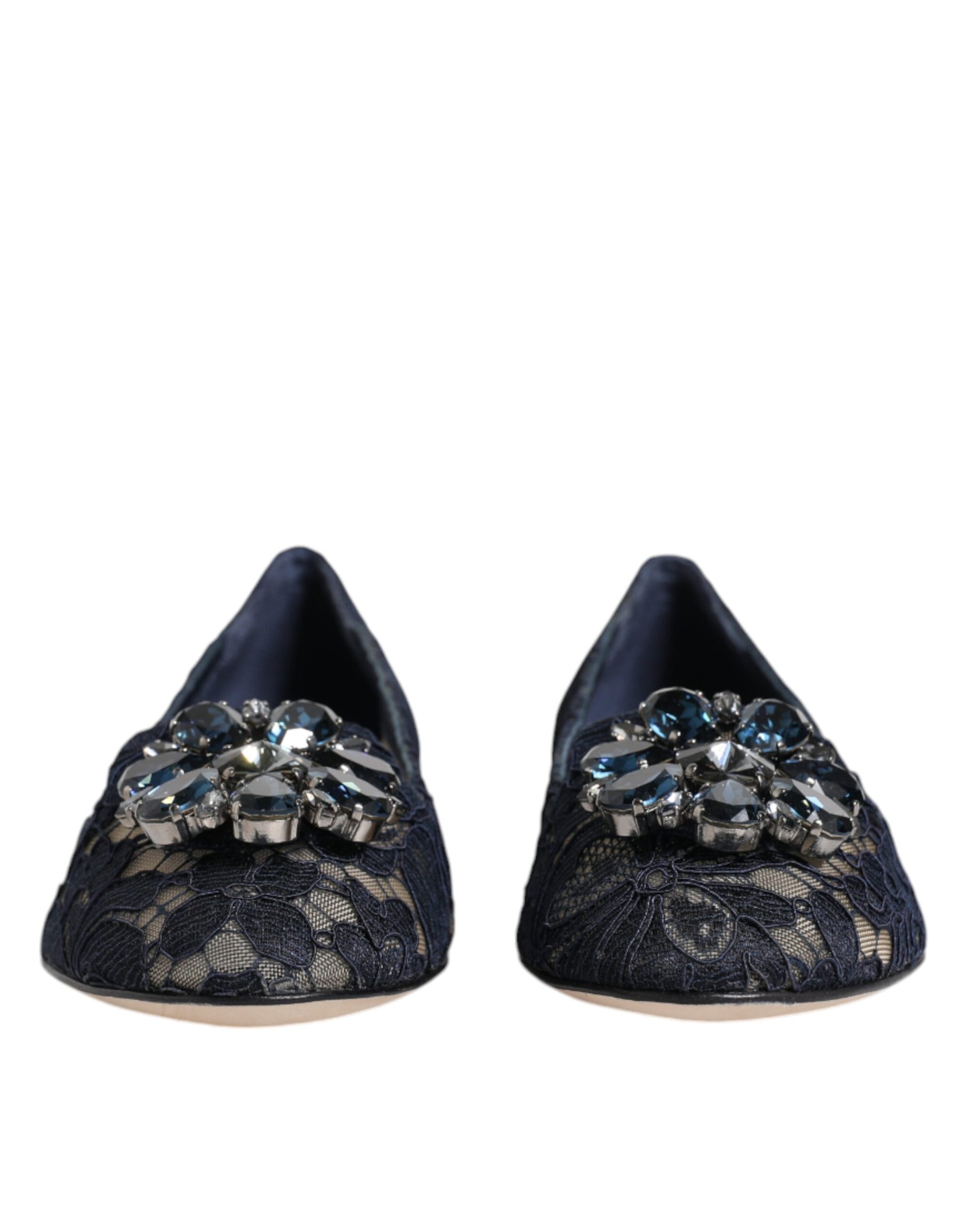 Dolce & Gabbana Blue Taormina Lace Crystals Flats Shoes Curated Luxury Accessories by Orvyn