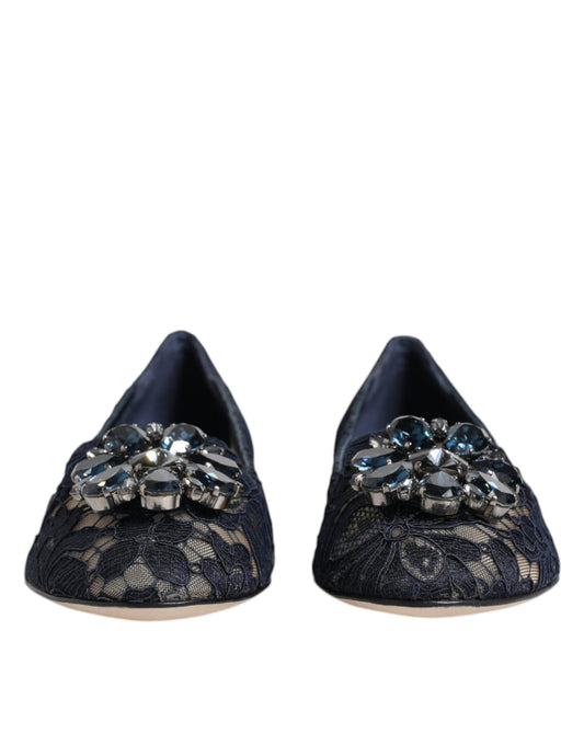Dolce & Gabbana Blue Taormina Lace Crystals Flats Shoes Curated Luxury Accessories by Orvyn