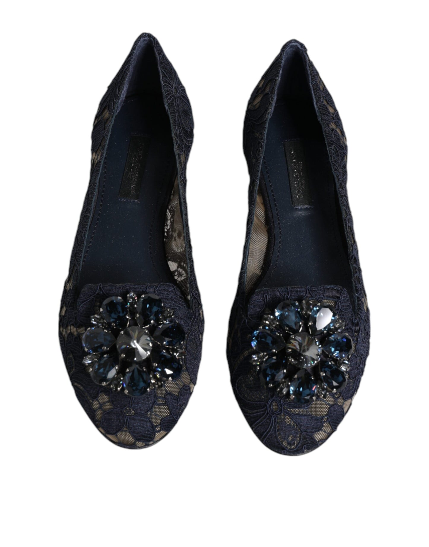Dolce & Gabbana Blue Taormina Lace Crystals Flats Shoes Curated Luxury Accessories by Orvyn