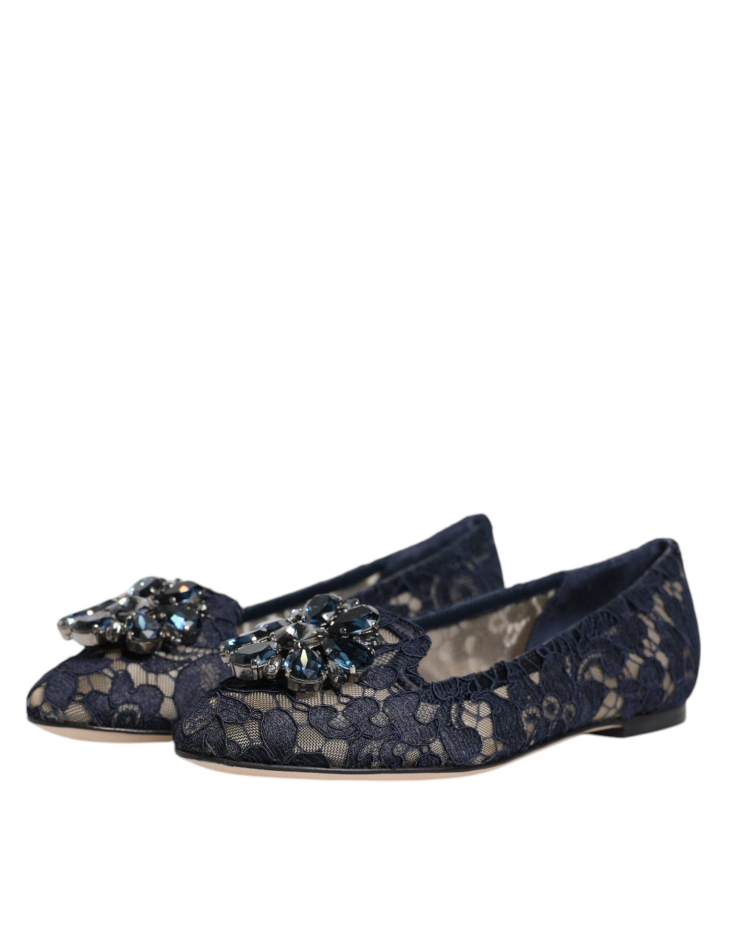 Dolce & Gabbana Blue Taormina Lace Crystals Flats Shoes Curated Luxury Accessories by Orvyn
