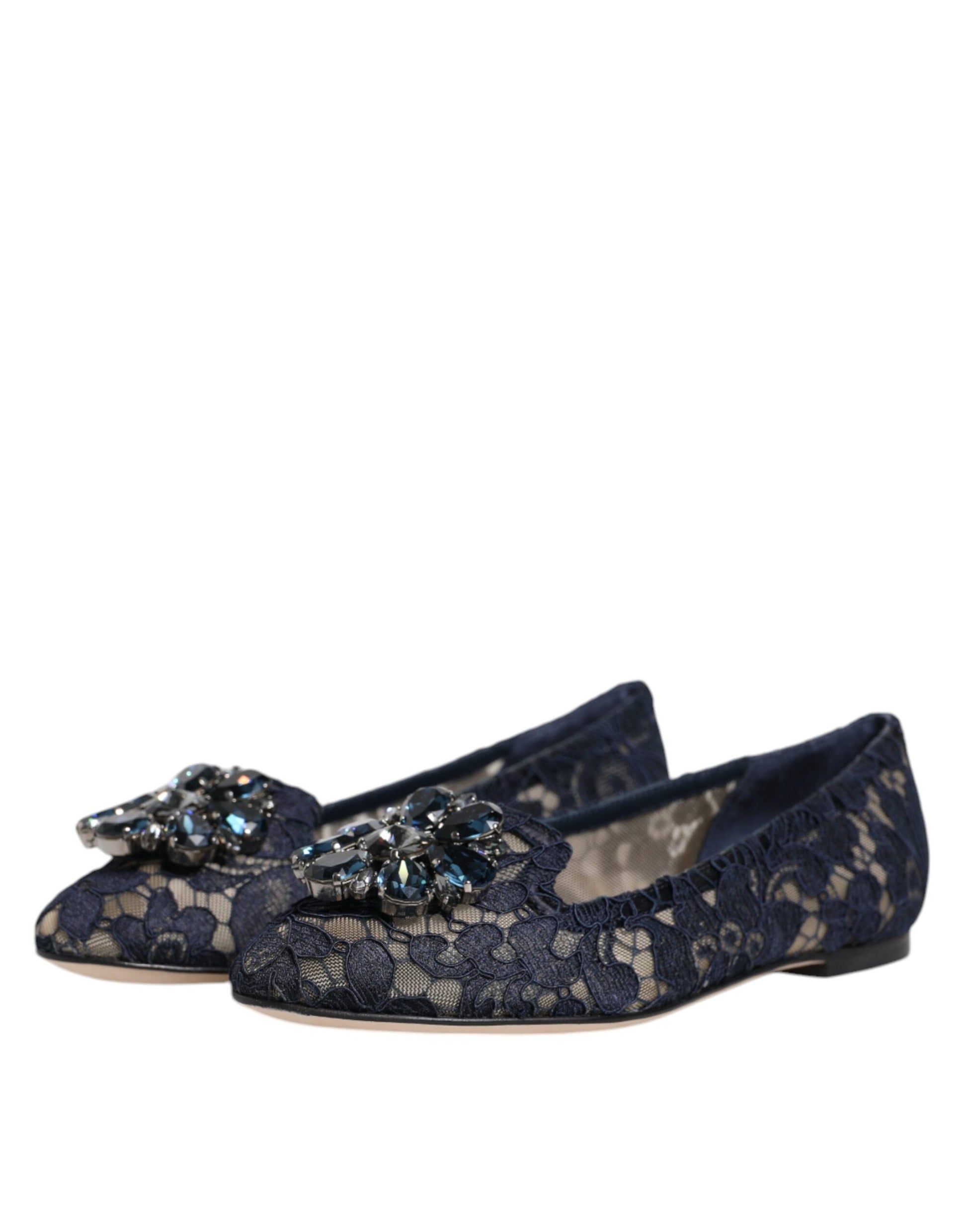 Dolce & Gabbana Blue Taormina Lace Crystals Flats Shoes Curated Luxury Accessories by Orvyn