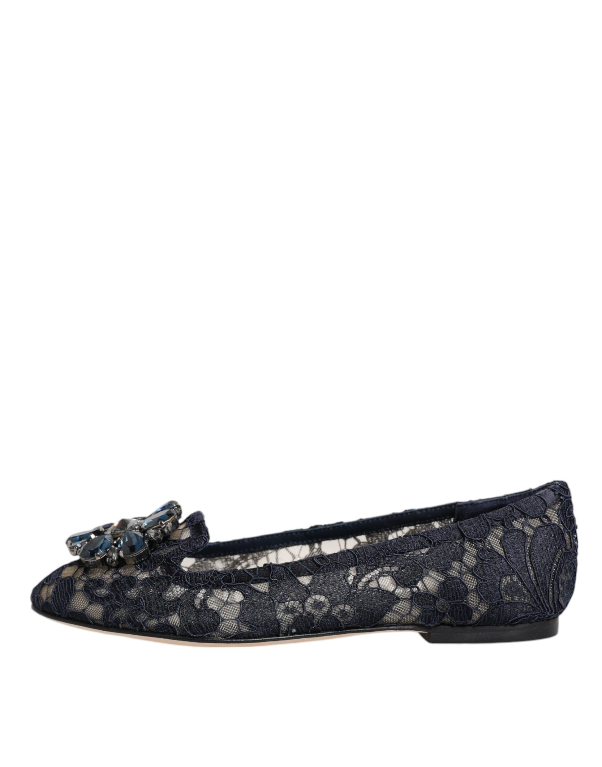 Dolce & Gabbana Blue Taormina Lace Crystals Flats Shoes Curated Luxury Accessories by Orvyn