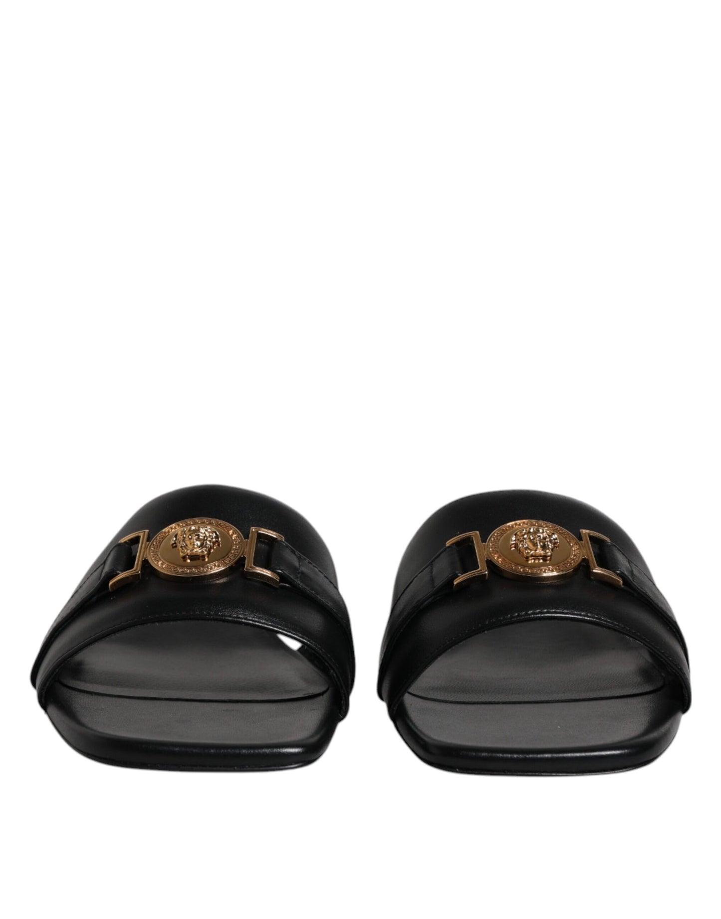 Versace Black Leather Logo Plaque Slip On Slides Flats Shoes Curated Luxury Accessories by Orvyn