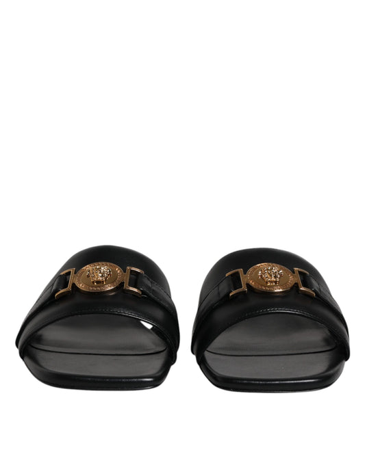 Versace Black Leather Logo Plaque Slip On Slides Flats Shoes Curated Luxury Accessories by Orvyn