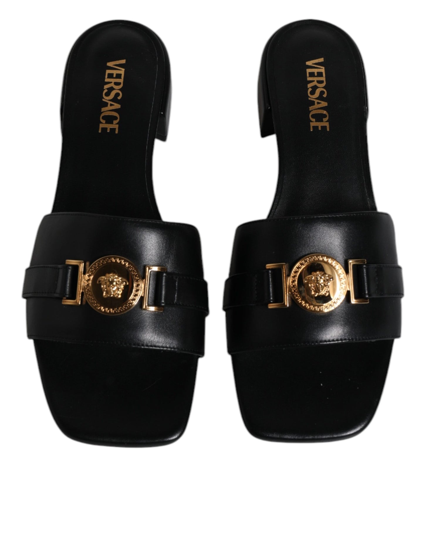 Versace Black Leather Logo Plaque Slip On Slides Flats Shoes Curated Luxury Accessories by Orvyn
