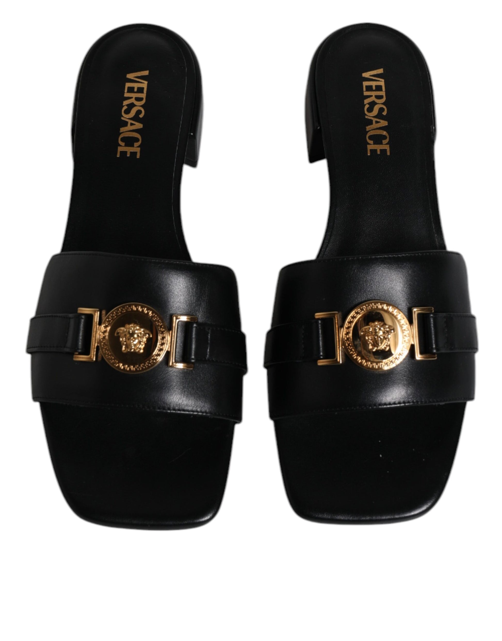 Versace Black Leather Logo Plaque Slip On Slides Flats Shoes Curated Luxury Accessories by Orvyn