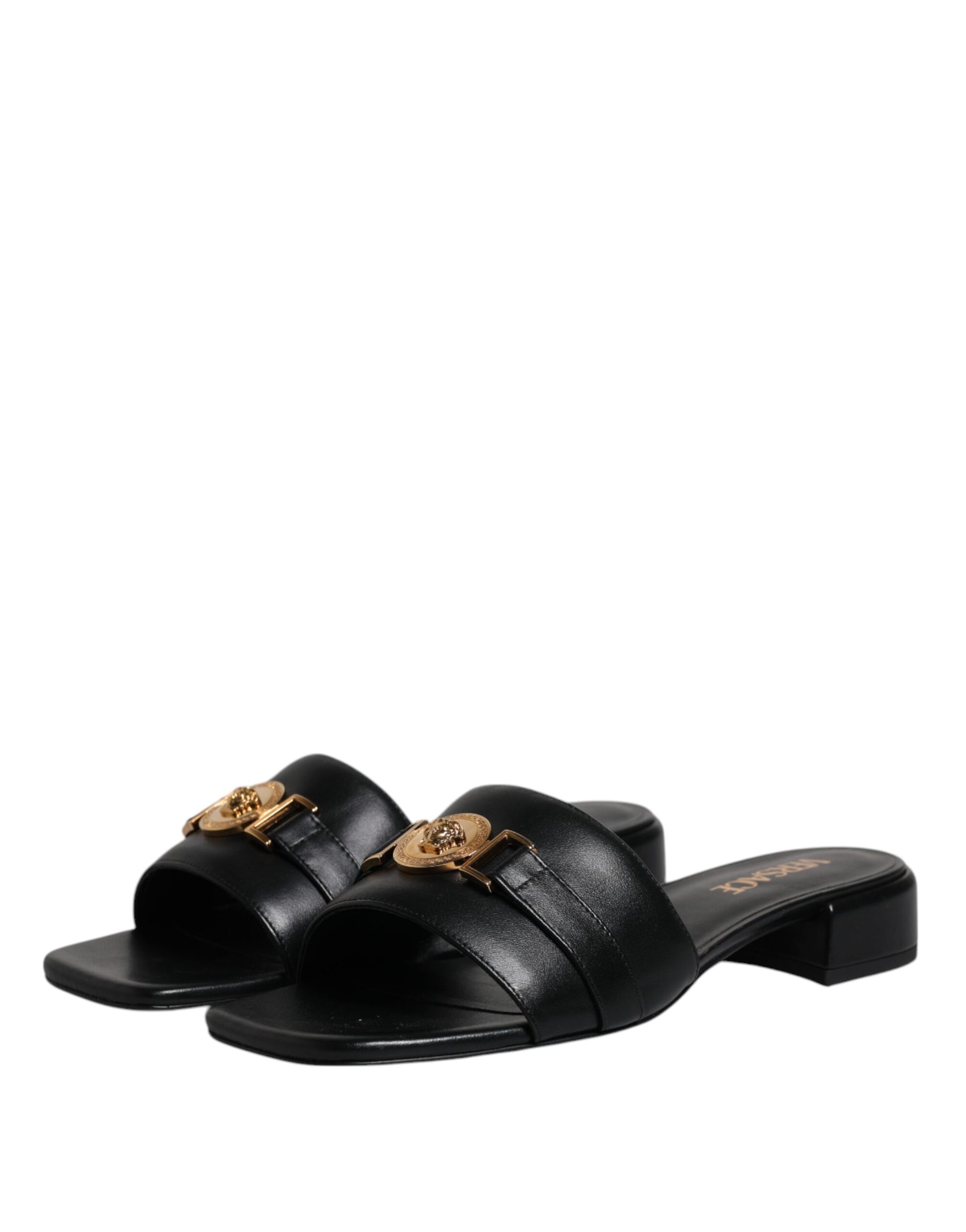 Versace Black Leather Logo Plaque Slip On Slides Flats Shoes Curated Luxury Accessories by Orvyn