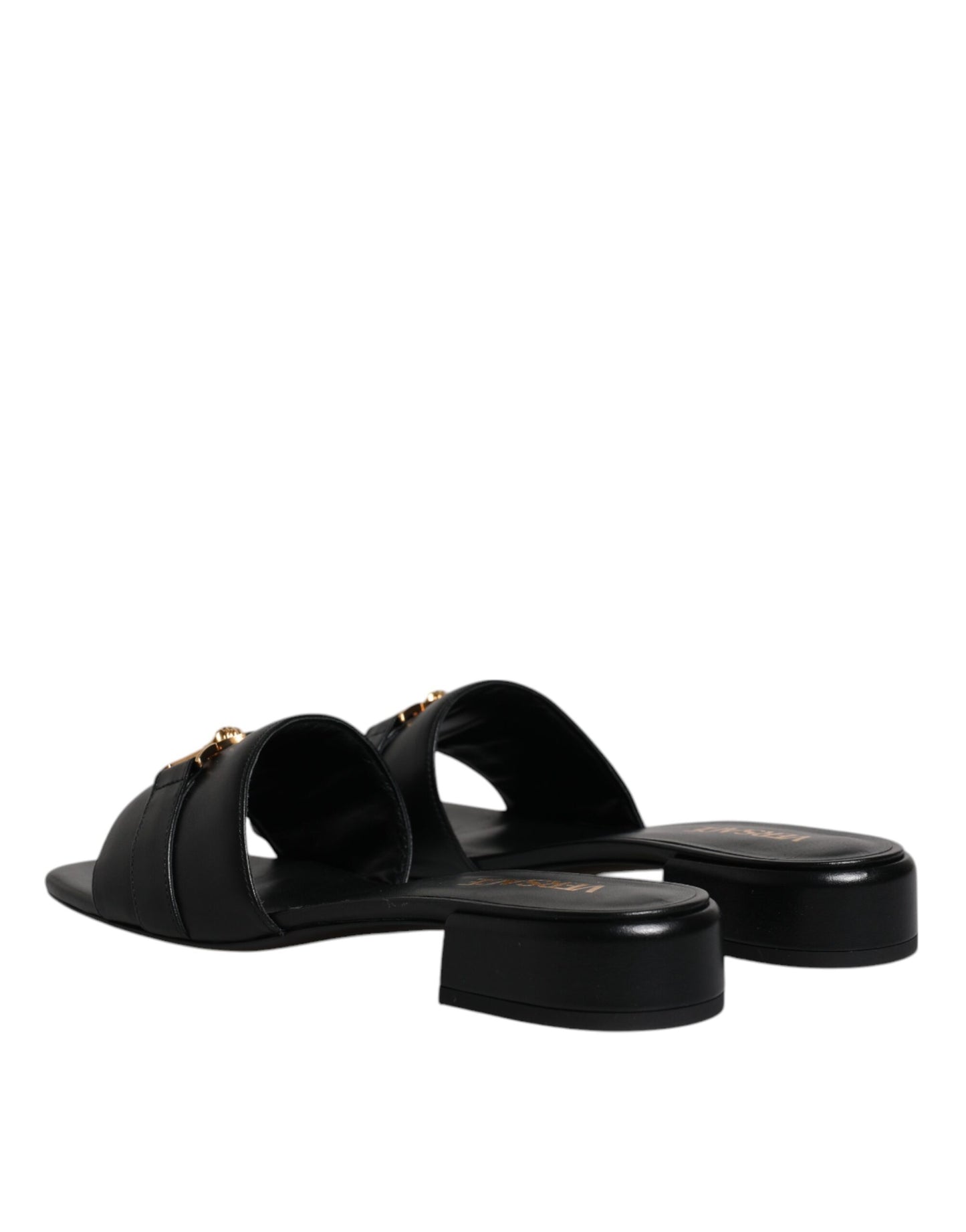 Versace Black Leather Logo Plaque Slip On Slides Flats Shoes Curated Luxury Accessories by Orvyn
