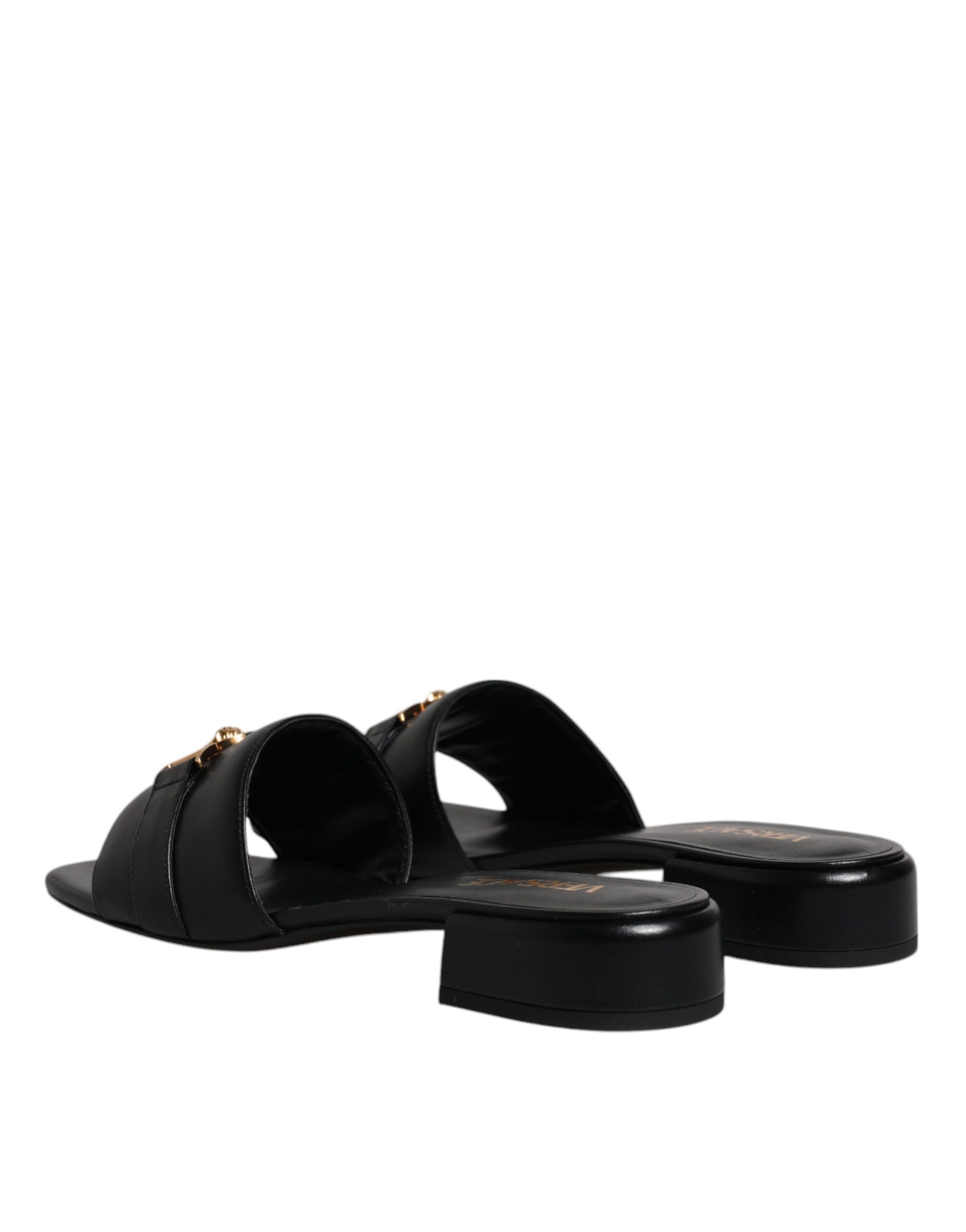 Versace Black Leather Logo Plaque Slip On Slides Flats Shoes Curated Luxury Accessories by Orvyn