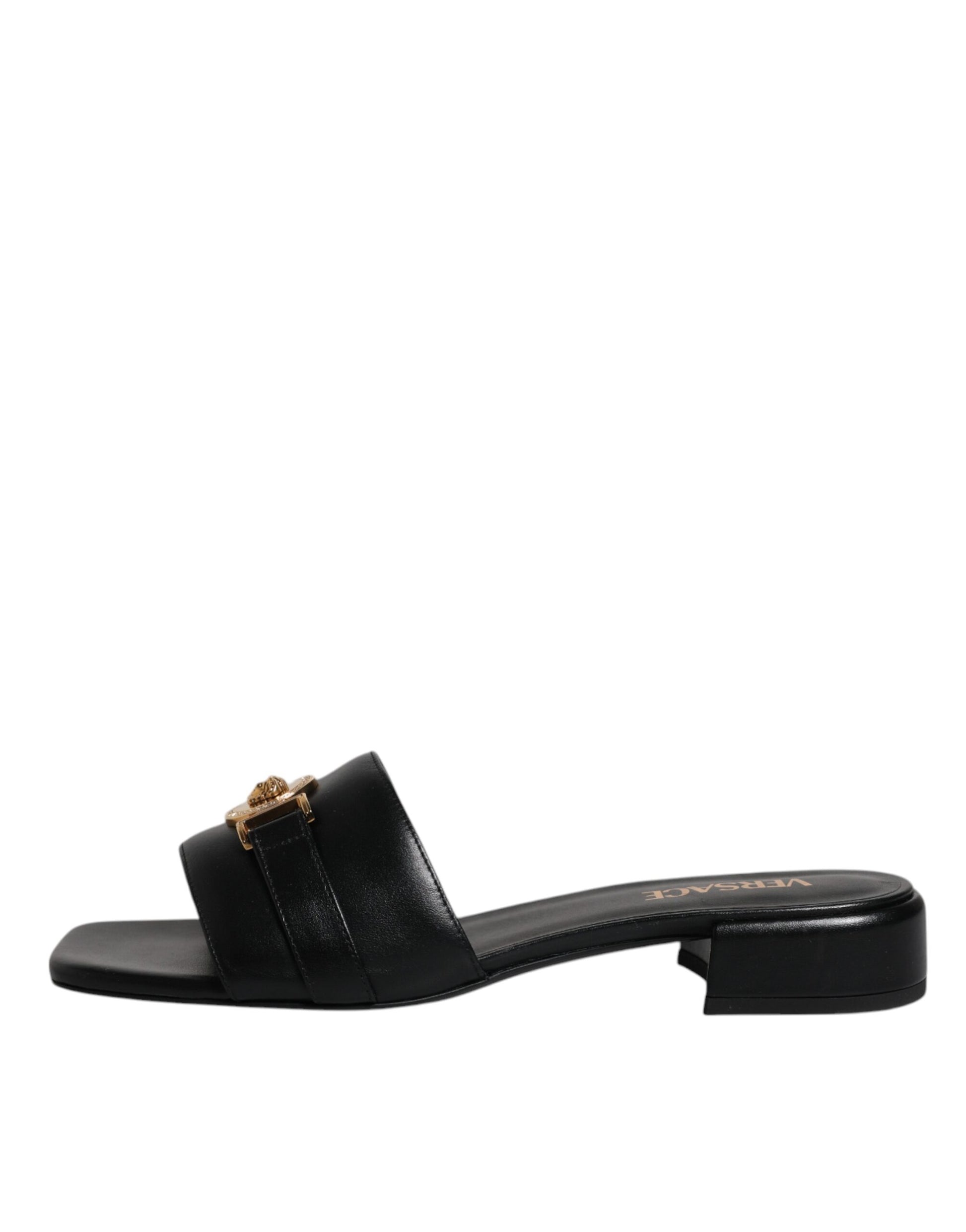 Versace Black Leather Logo Plaque Slip On Slides Flats Shoes Curated Luxury Accessories by Orvyn