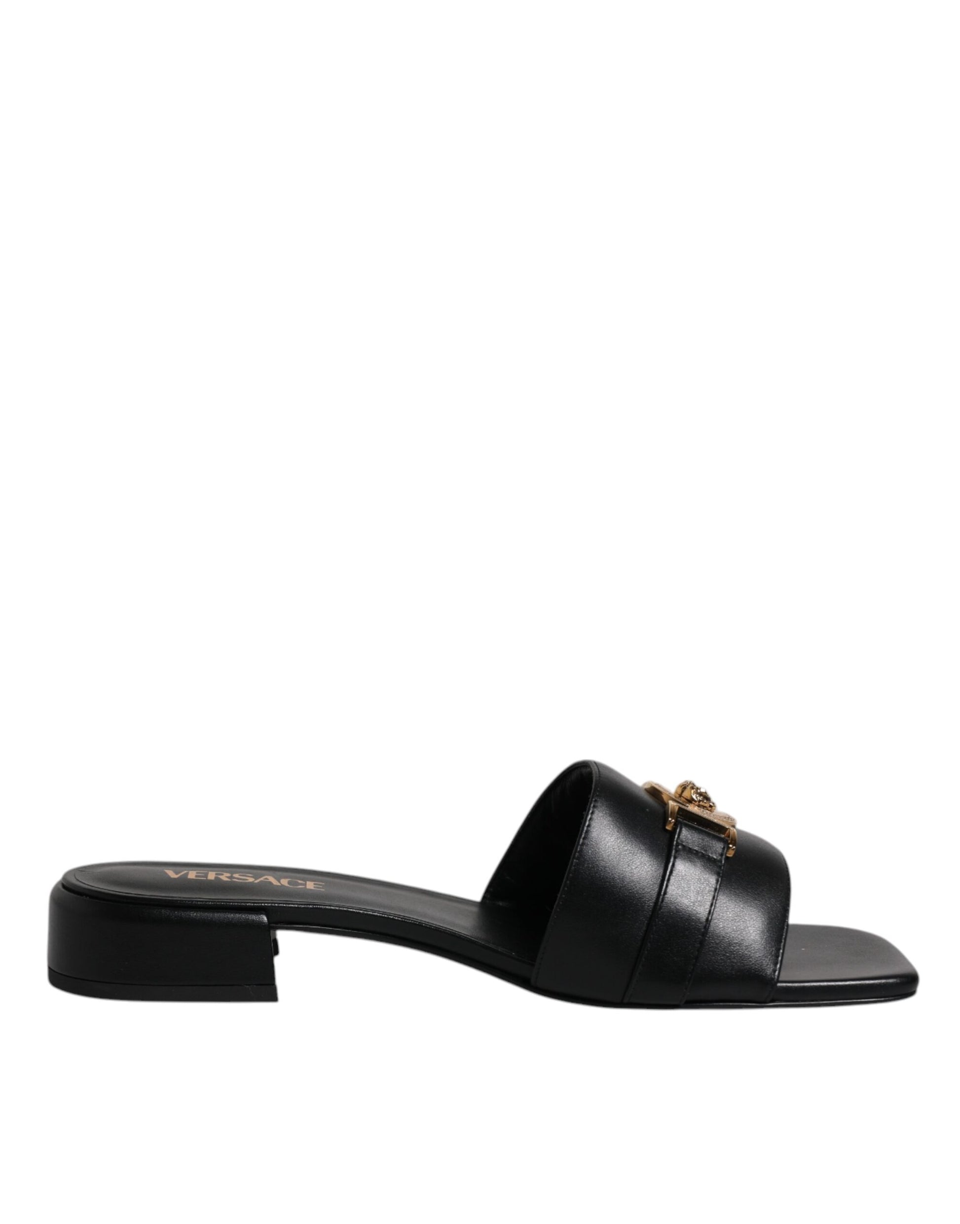 Versace Black Leather Logo Plaque Slip On Slides Flats Shoes Curated Luxury Accessories by Orvyn