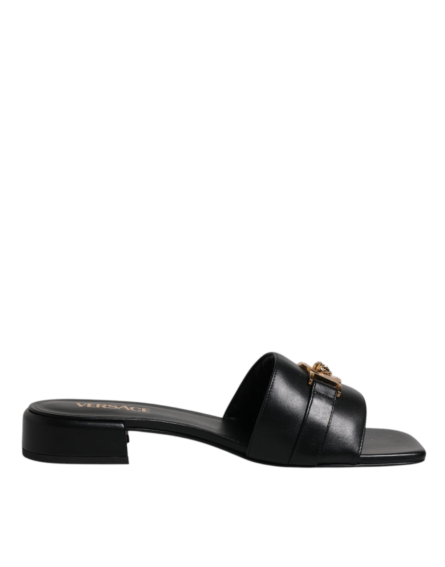 Versace Black Leather Logo Plaque Slip On Slides Flats Shoes Curated Luxury Accessories by Orvyn