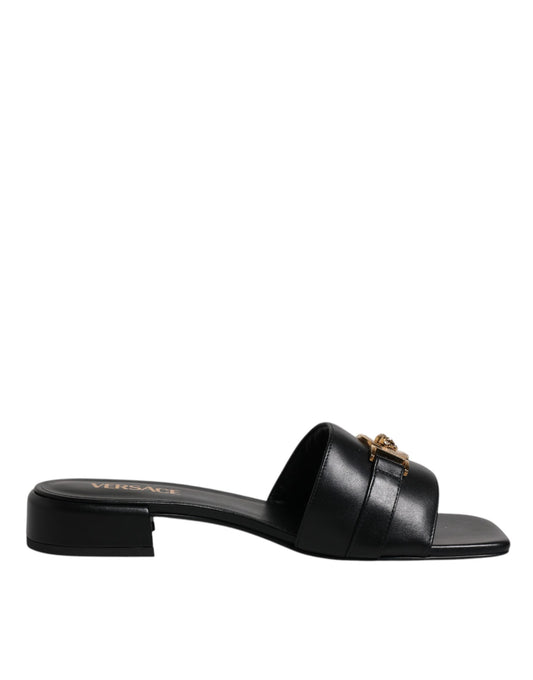 Versace Black Leather Logo Plaque Slip On Slides Flats Shoes Curated Luxury Accessories by Orvyn