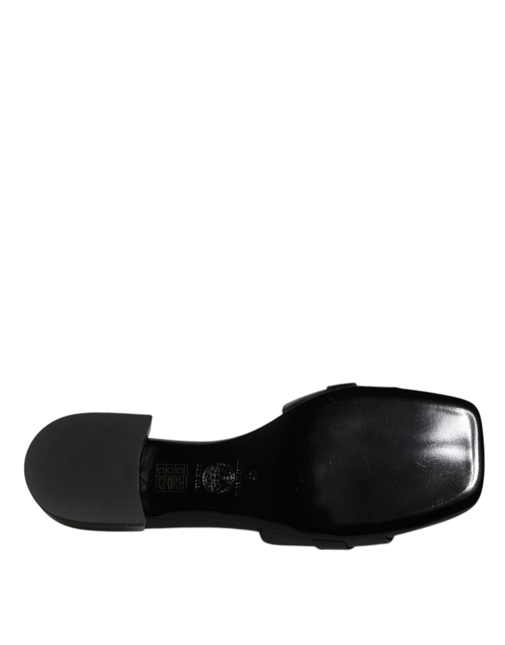 Versace Black Leather Logo Plaque Slip On Slides Flats Shoes Curated Luxury Accessories by Orvyn