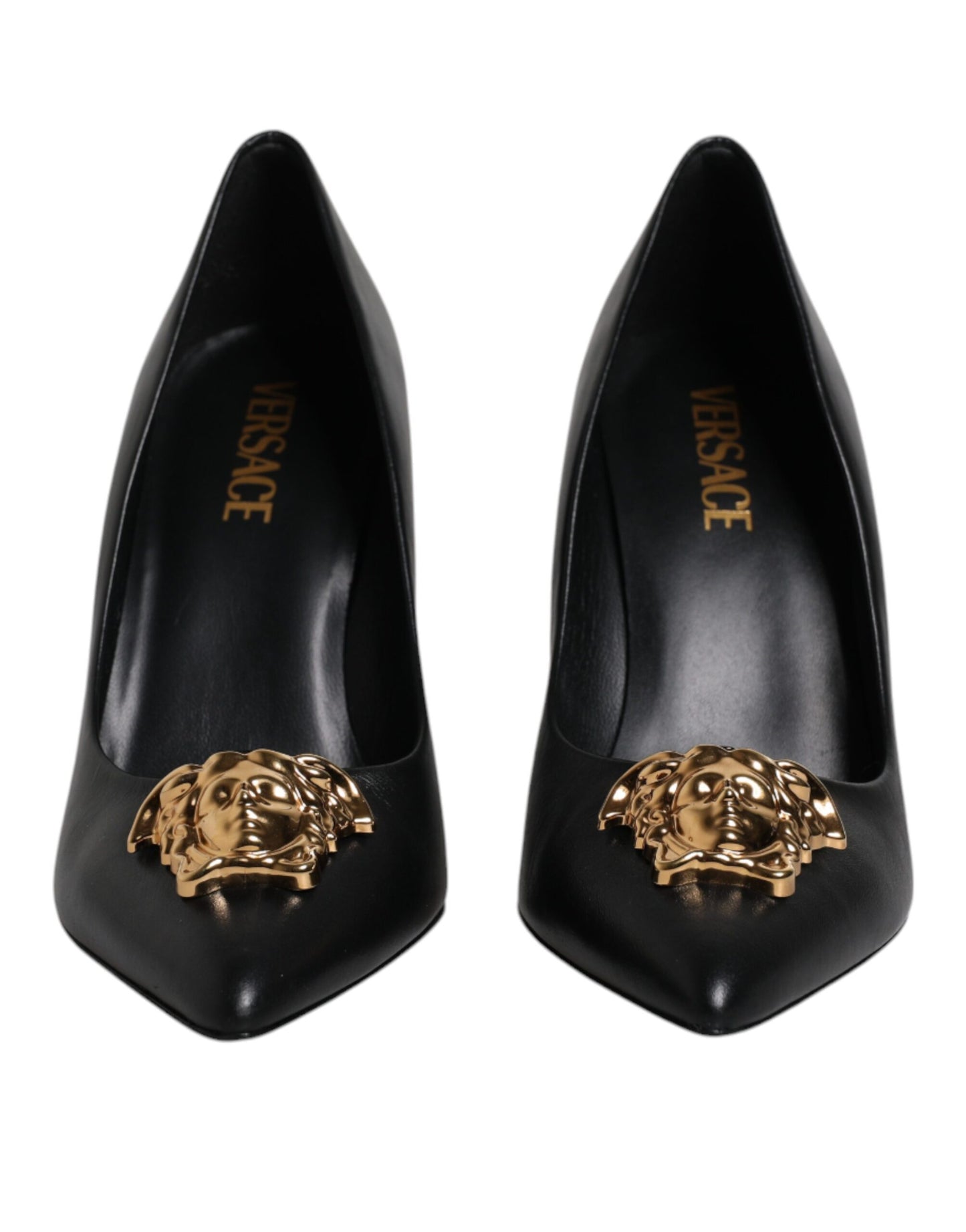 Versace Black Leather Logo Plaque High Heels Pumps Shoes Curated Luxury Accessories by Orvyn