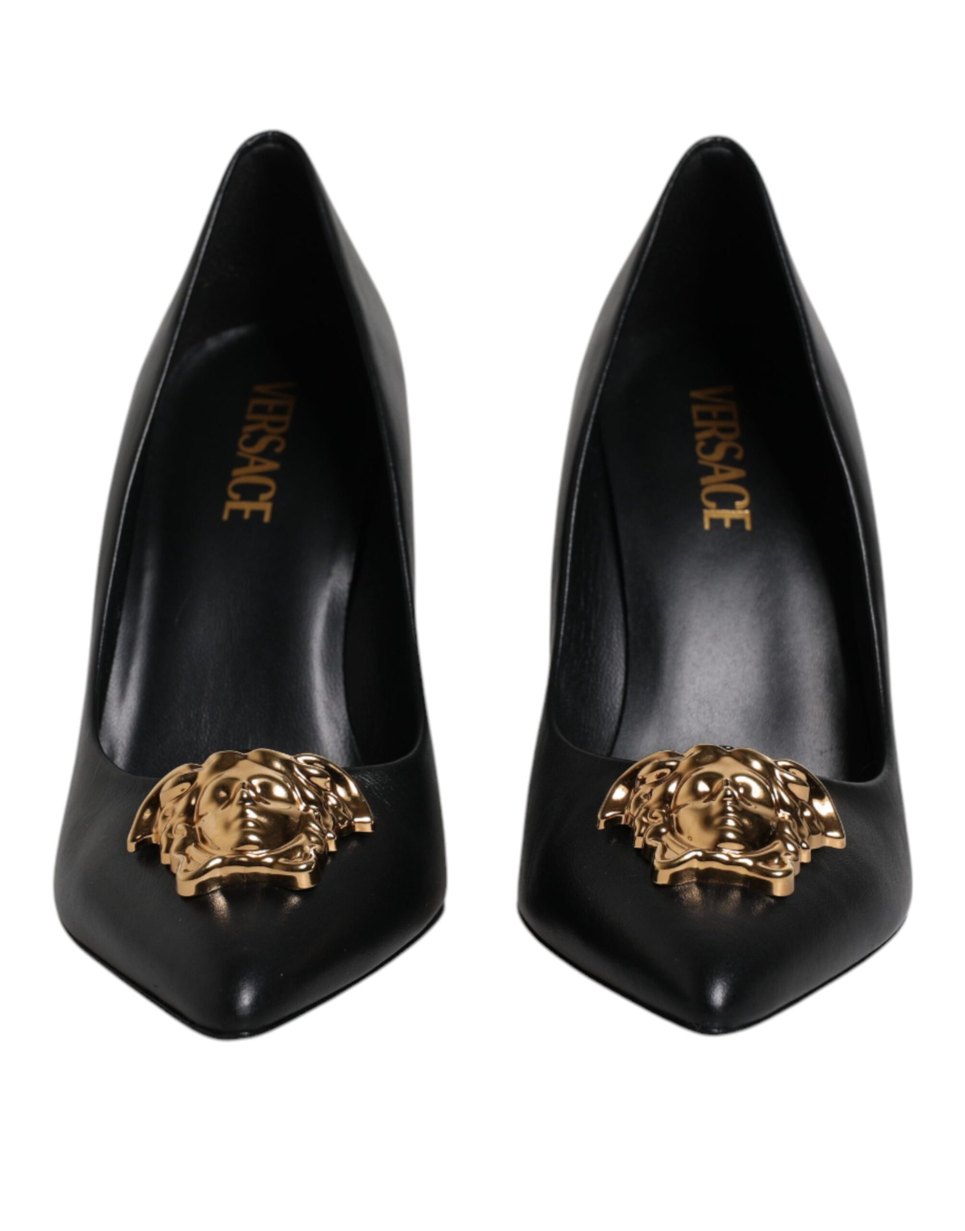 Versace Black Leather Logo Plaque High Heels Pumps Shoes Curated Luxury Accessories by Orvyn