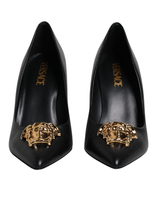 Versace Black Leather Logo Plaque High Heels Pumps Shoes Curated Luxury Accessories by Orvyn