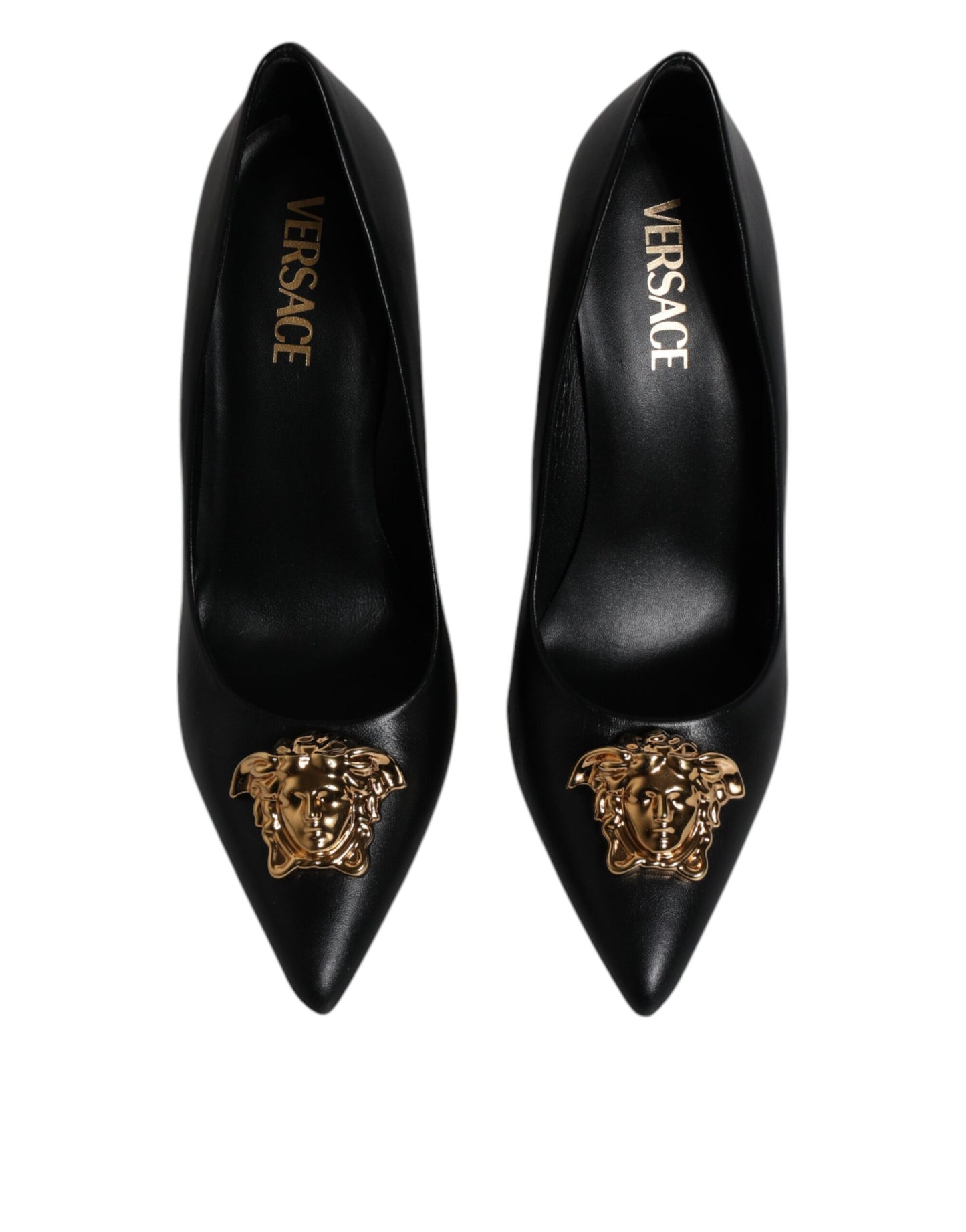 Versace Black Leather Logo Plaque High Heels Pumps Shoes Curated Luxury Accessories by Orvyn