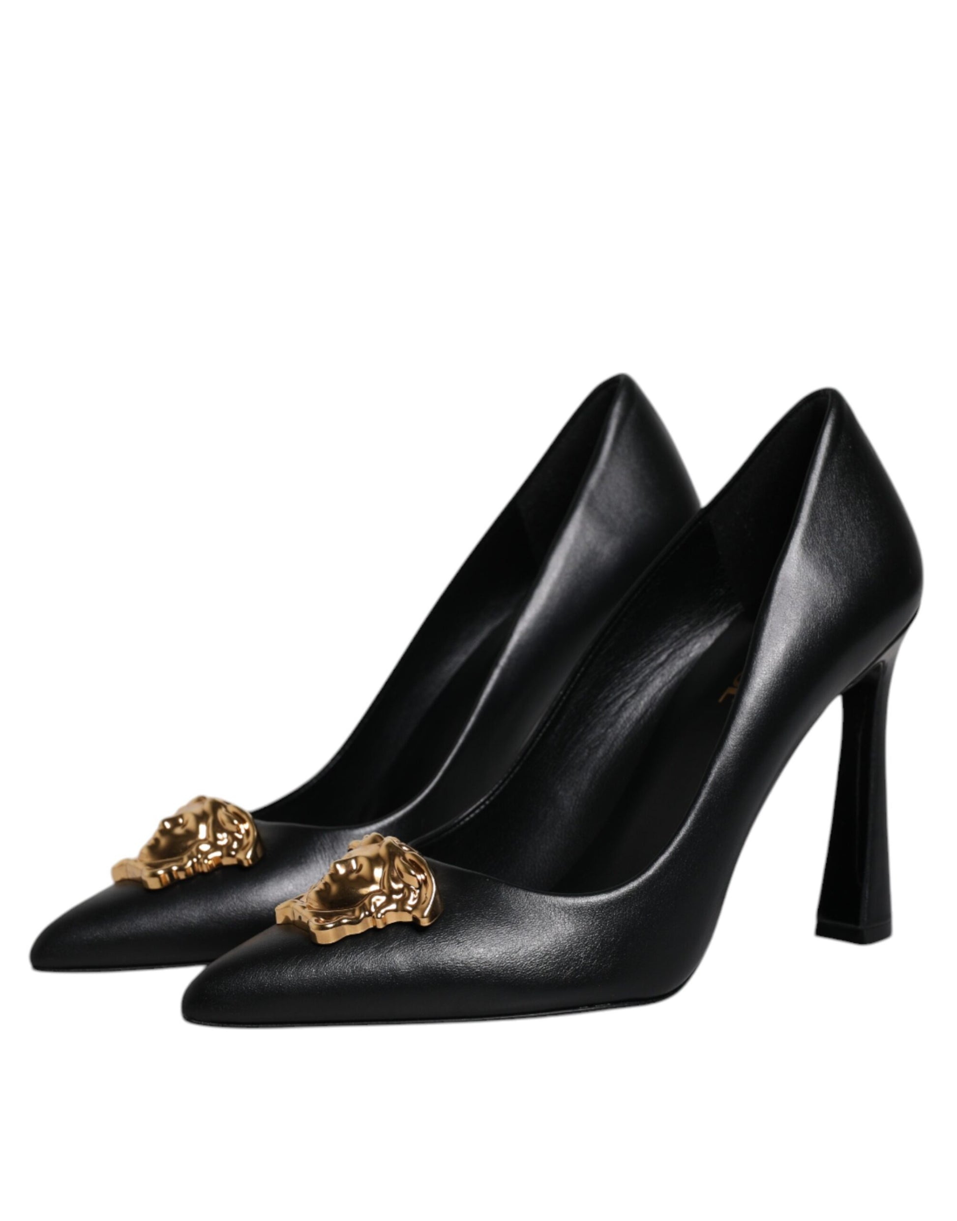 Versace Black Leather Logo Plaque High Heels Pumps Shoes Curated Luxury Accessories by Orvyn
