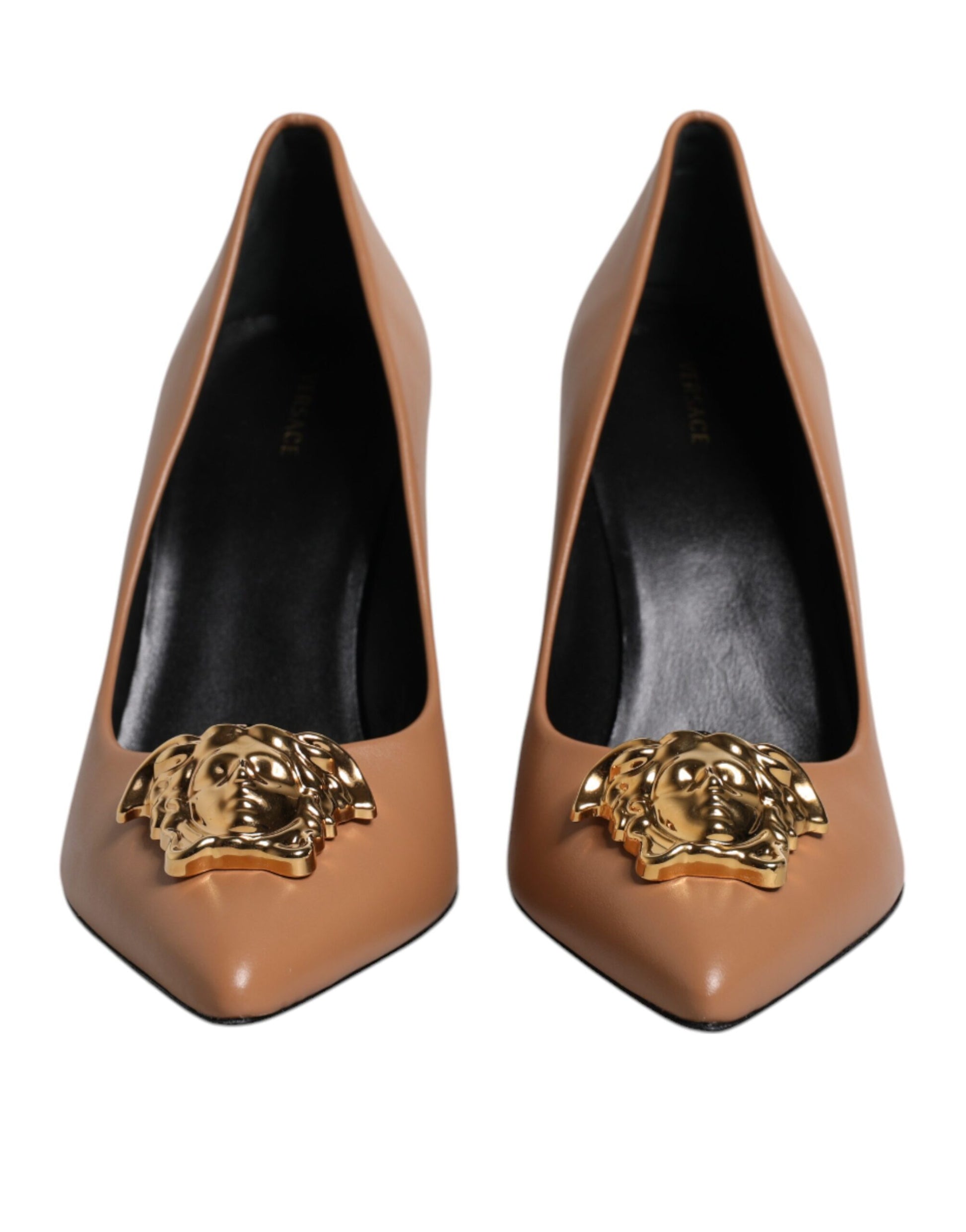 Versace Brown Leather Logo Plaque High Heels Pumps Shoes Curated Luxury Accessories by Orvyn