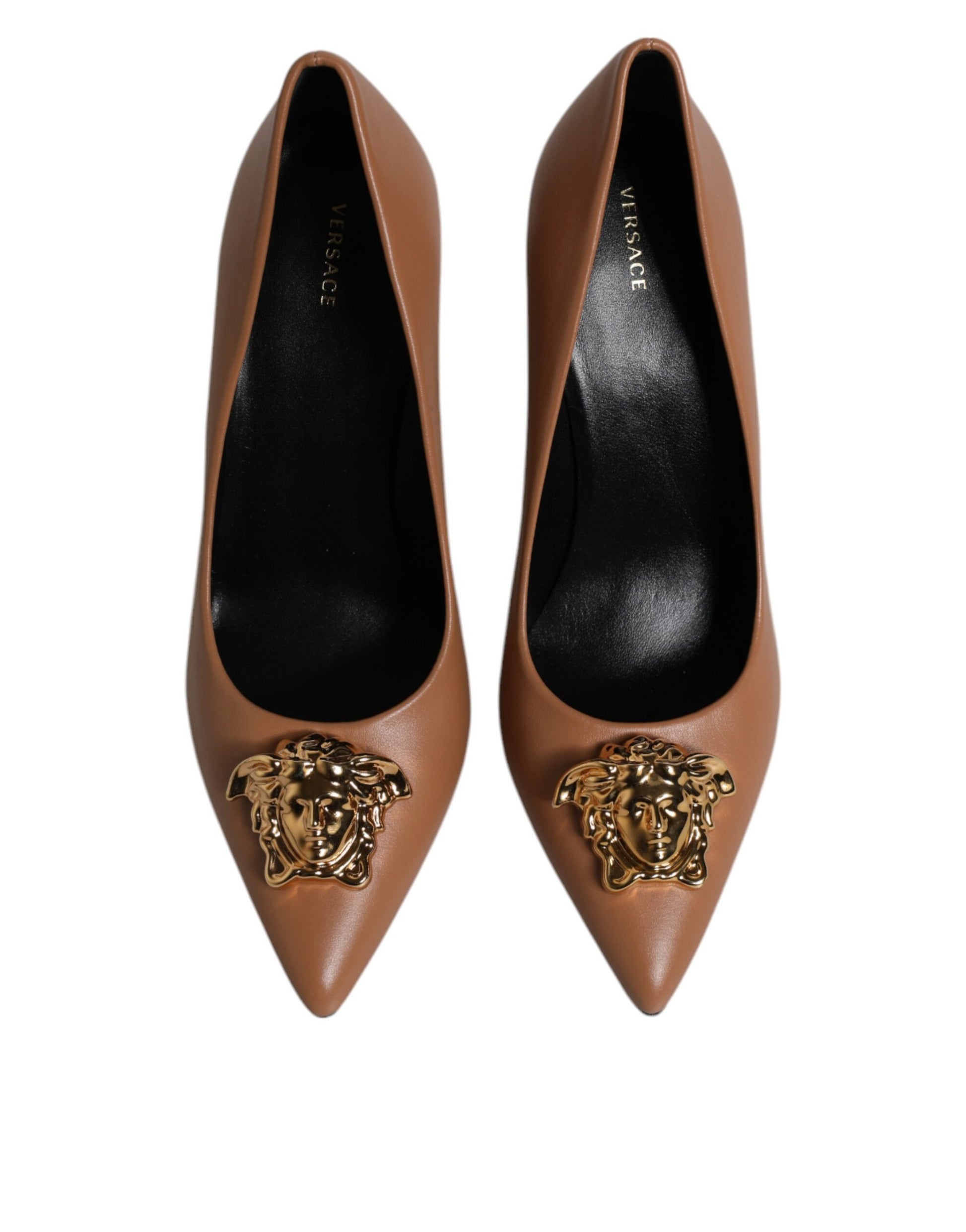 Versace Brown Leather Logo Plaque High Heels Pumps Shoes Curated Luxury Accessories by Orvyn