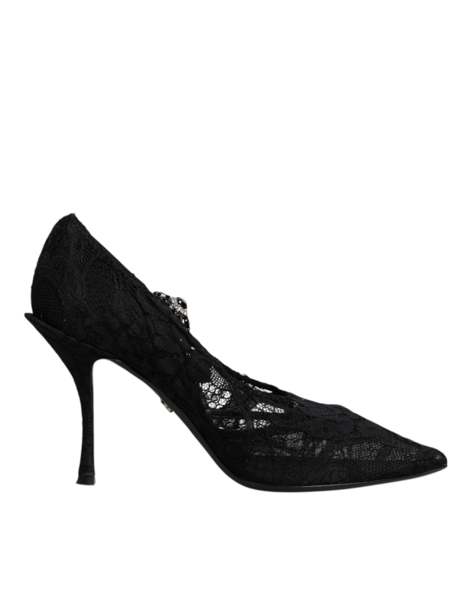 Dolce & Gabbana Black Lace Crystals Mary Jane Pumps Shoes Curated Luxury Accessories by Orvyn