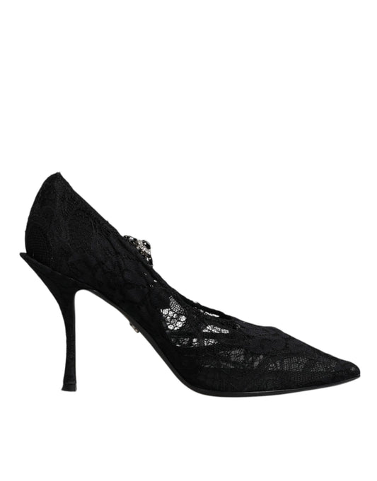 Dolce & Gabbana Black Lace Crystals Mary Jane Pumps Shoes Curated Luxury Accessories by Orvyn