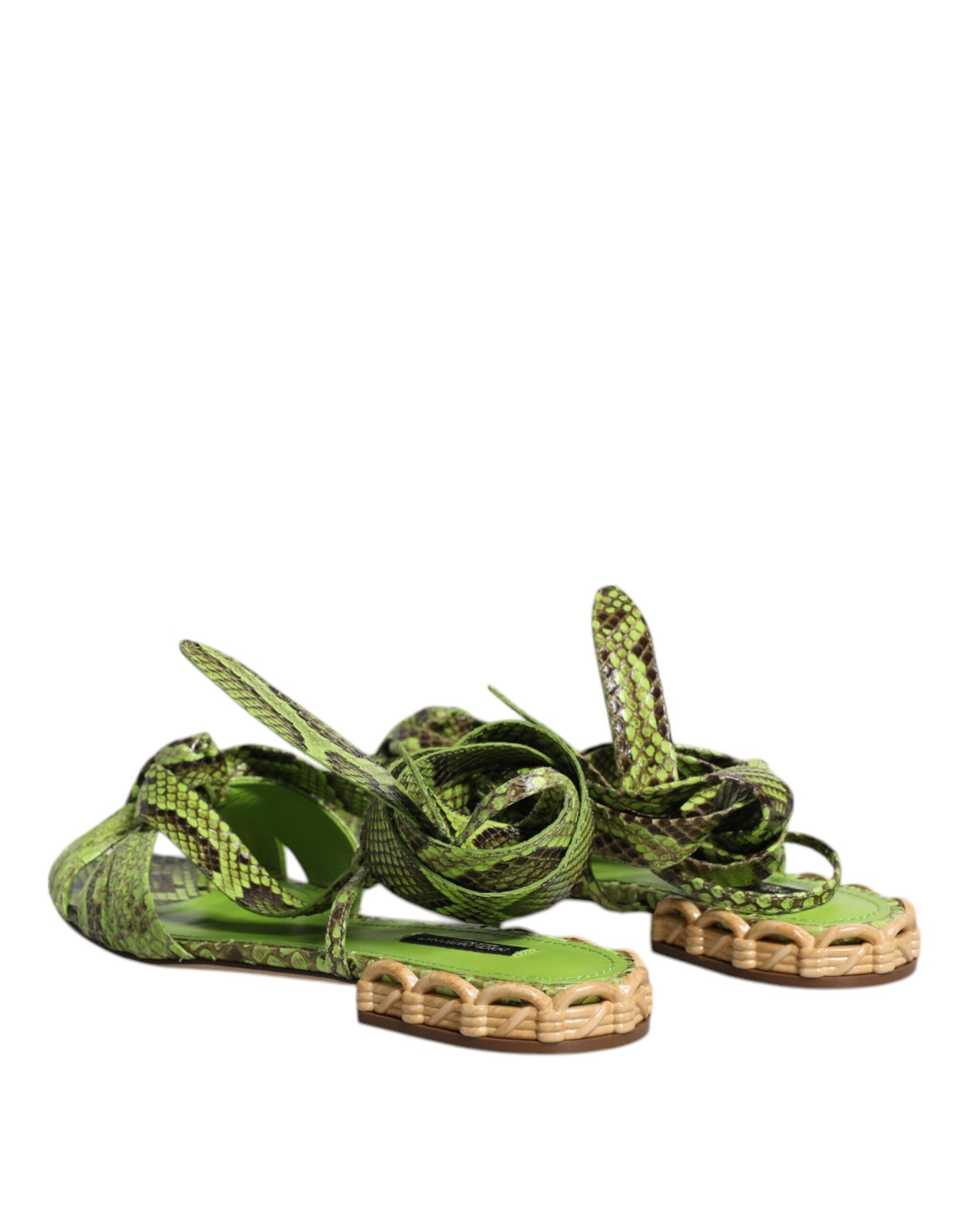 Dolce & Gabbana Green Animal Print Ankle Wrap Sandals Shoes Curated Luxury Accessories by Orvyn