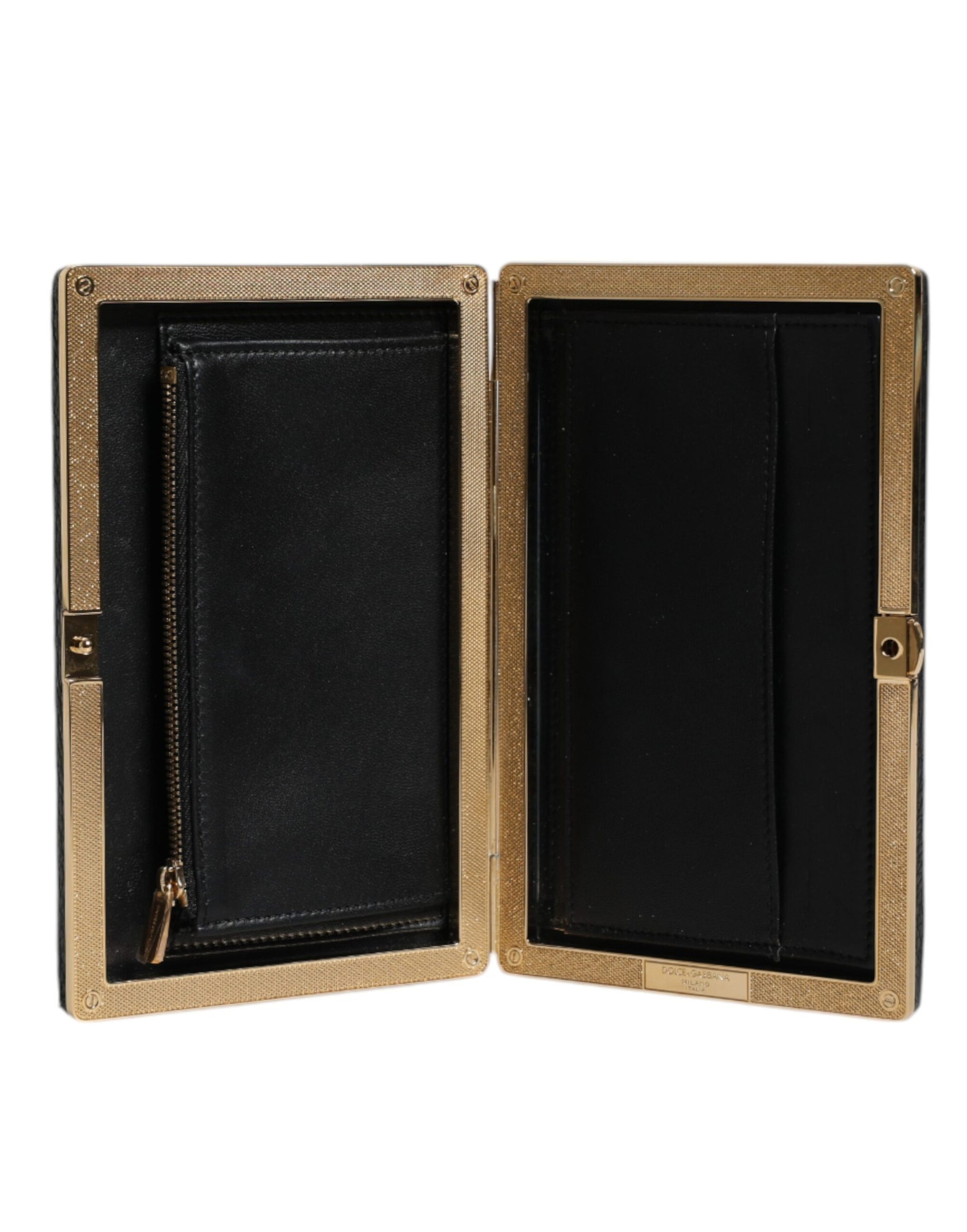 Dolce & Gabbana Black Leather Gold Frame Clutch Evening Party Purse Bag Curated Luxury Accessories by Orvyn