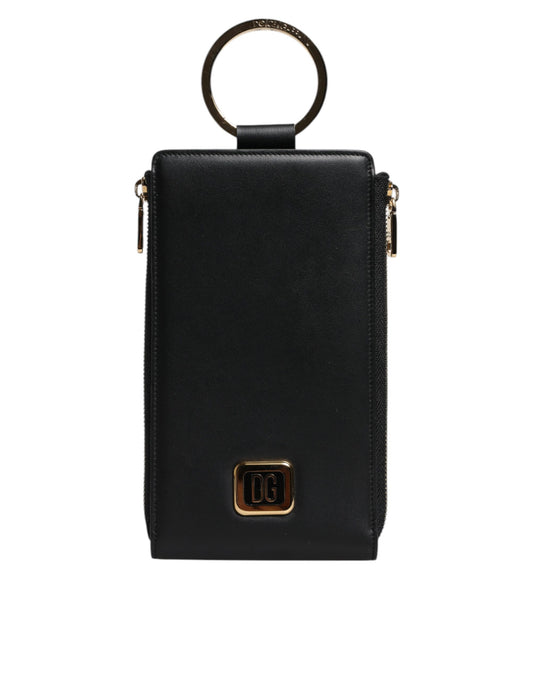 Dolce & Gabbana Black Leather Logo Plaque Neck Strap Card Coin Wallet Curated Luxury Accessories by Orvyn