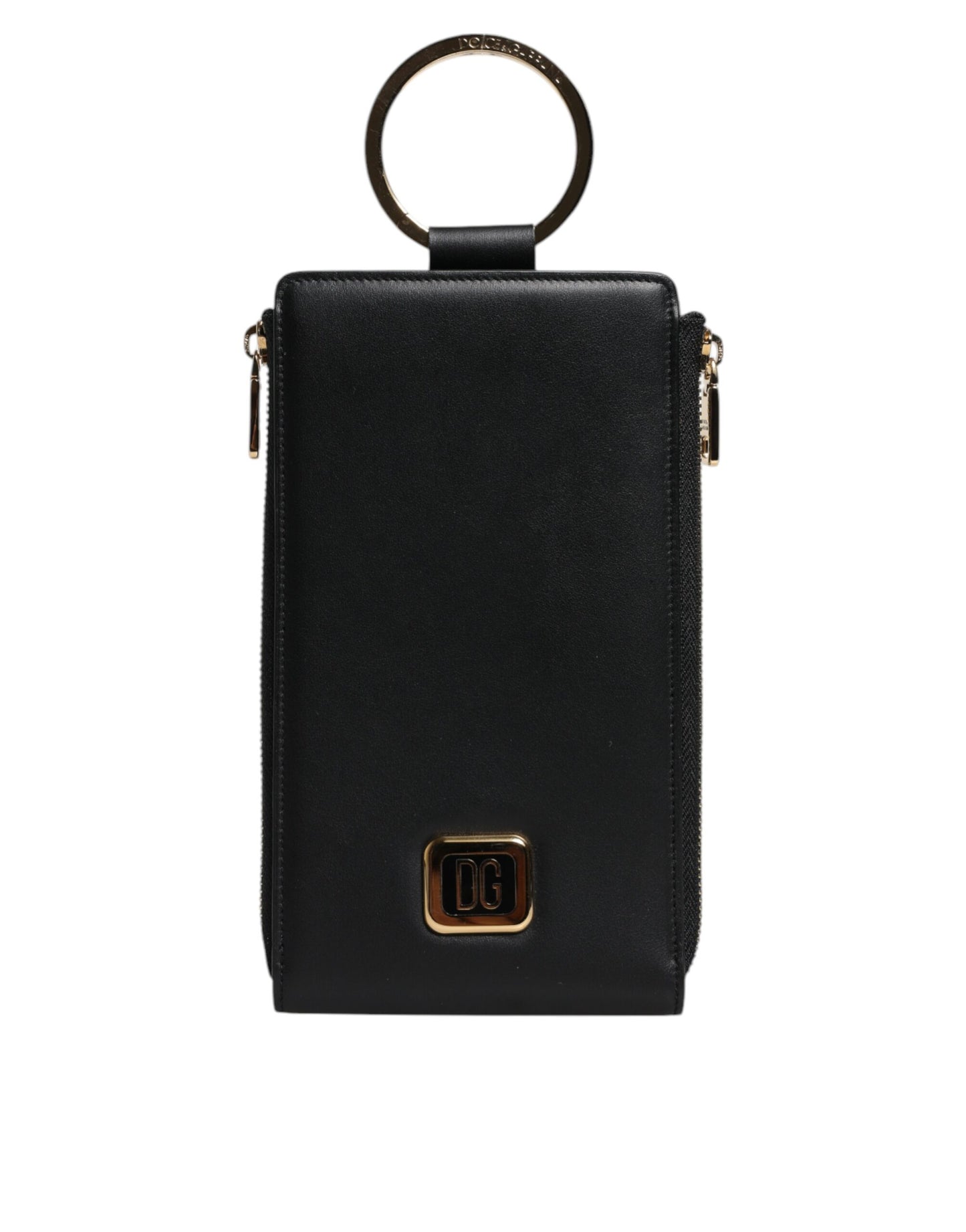 Dolce & Gabbana Black Leather Logo Plaque Neck Strap Card Coin Wallet Curated Luxury Accessories by Orvyn