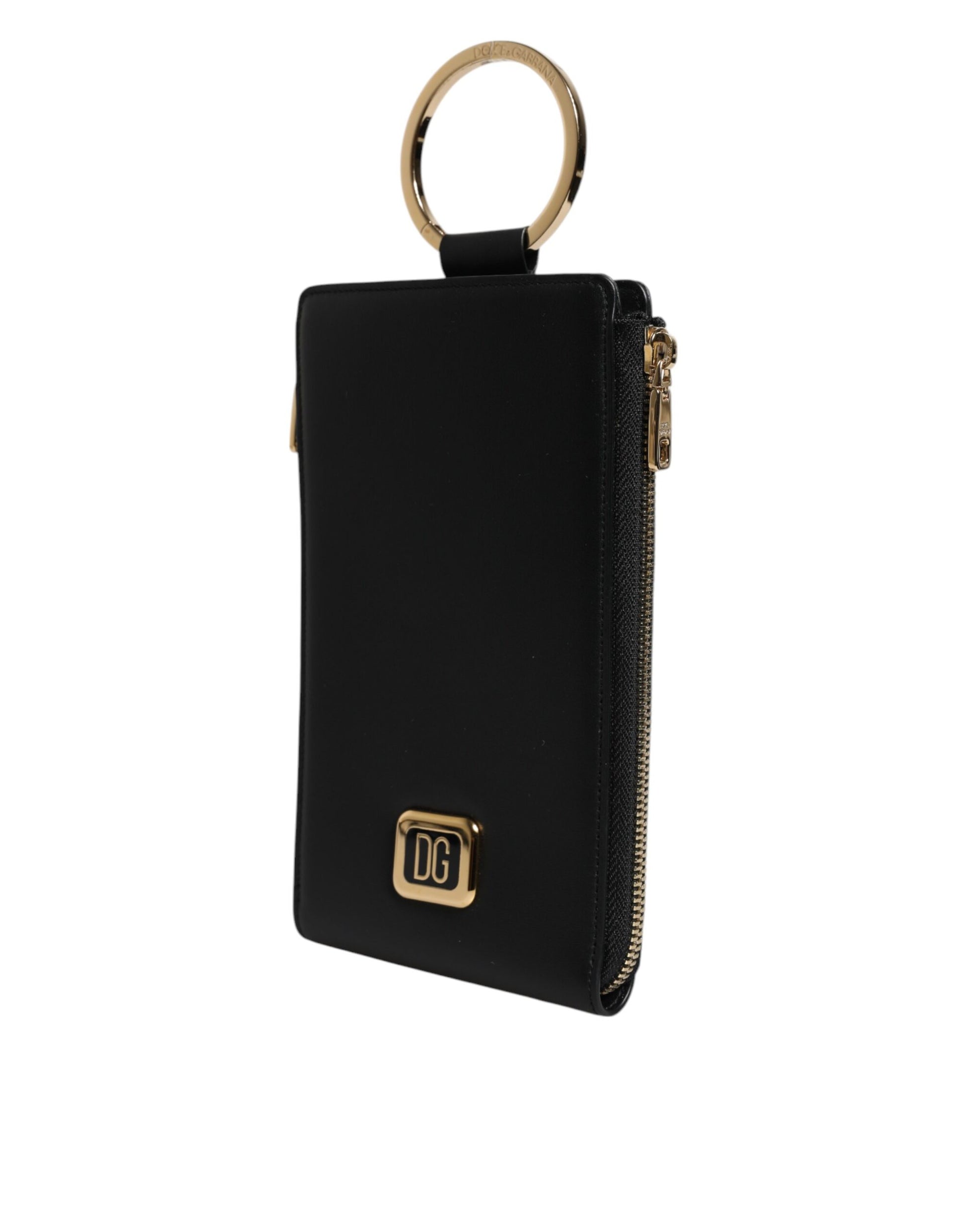 Dolce & Gabbana Black Leather Logo Plaque Neck Strap Card Coin Wallet Curated Luxury Accessories by Orvyn