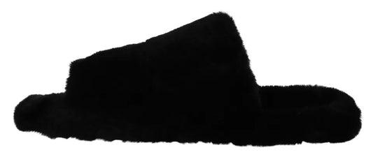 Dolce & Gabbana Black Polyester Faux Fur Mens Flats Sandals Shoes Curated Luxury Accessories by Orvyn