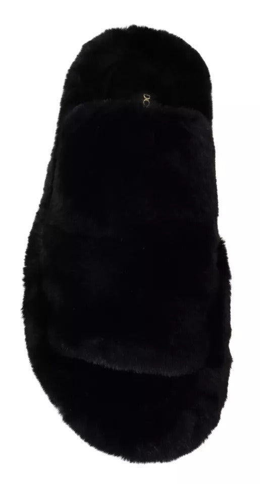Dolce & Gabbana Black Polyester Faux Fur Mens Flats Sandals Shoes Curated Luxury Accessories by Orvyn