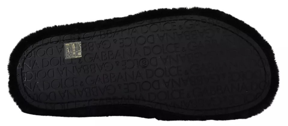 Dolce & Gabbana Black Polyester Faux Fur Mens Flats Sandals Shoes Curated Luxury Accessories by Orvyn