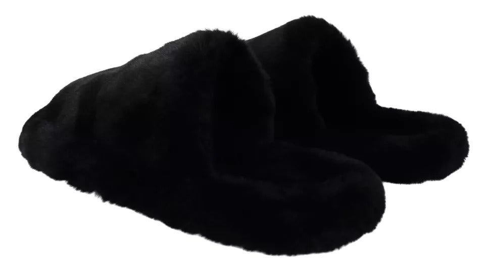 Dolce & Gabbana Black Polyester Faux Fur Mens Flats Sandals Shoes Curated Luxury Accessories by Orvyn