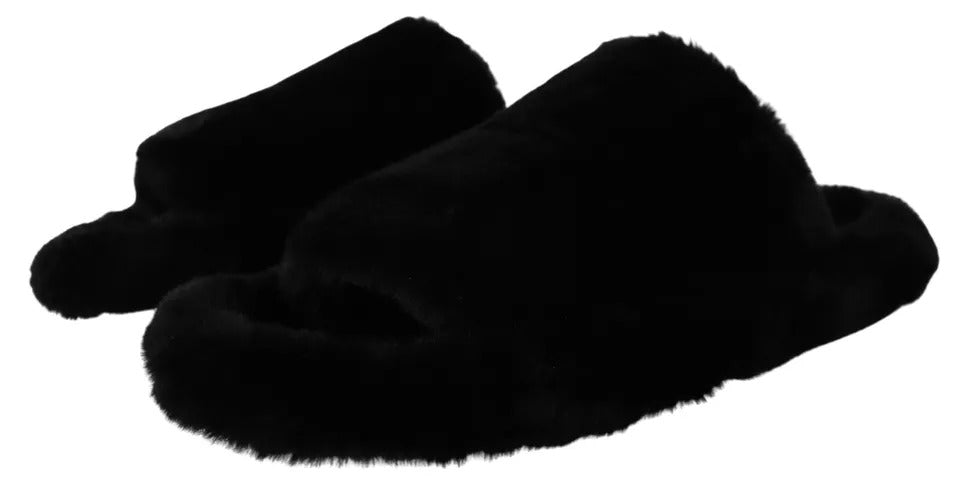 Dolce & Gabbana Black Polyester Faux Fur Mens Flats Sandals Shoes Curated Luxury Accessories by Orvyn