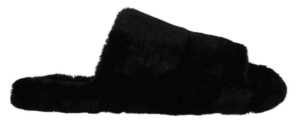 Dolce & Gabbana Black Polyester Faux Fur Mens Flats Sandals Shoes Curated Luxury Accessories by Orvyn