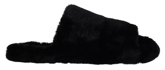 Dolce & Gabbana Black Polyester Faux Fur Mens Flats Sandals Shoes Curated Luxury Accessories by Orvyn