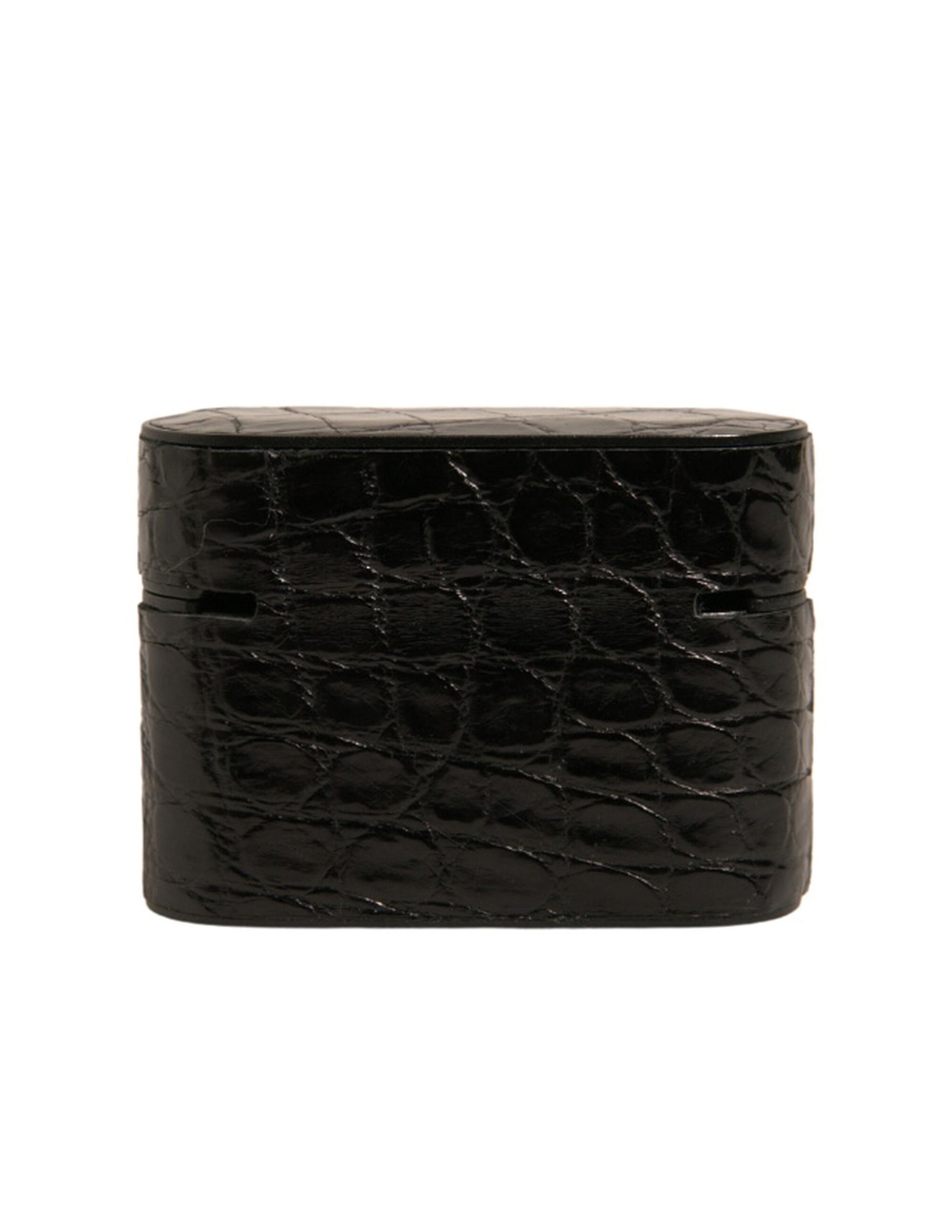 Dolce & Gabbana Black Leather Metal Logo Plaque Holder Airpods Case Curated Luxury Accessories by Orvyn