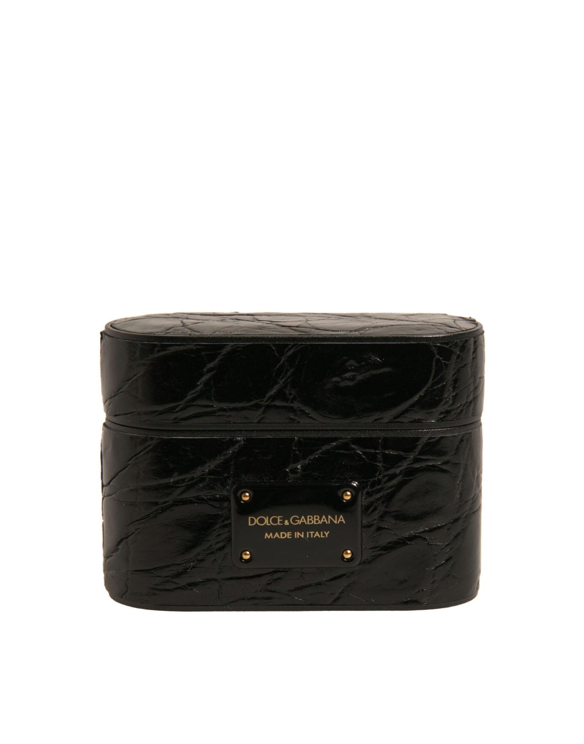 Dolce & Gabbana Black Leather Metal Logo Plaque Holder Airpods Case Curated Luxury Accessories by Orvyn