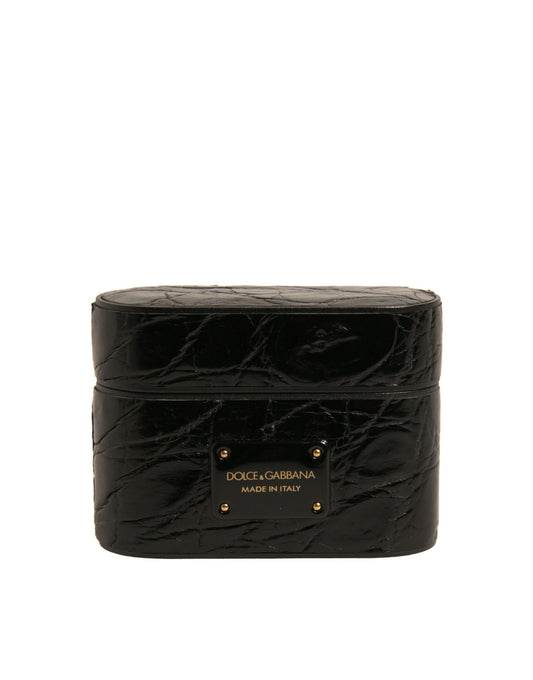 Dolce & Gabbana Black Leather Metal Logo Plaque Holder Airpods Case Curated Luxury Accessories by Orvyn