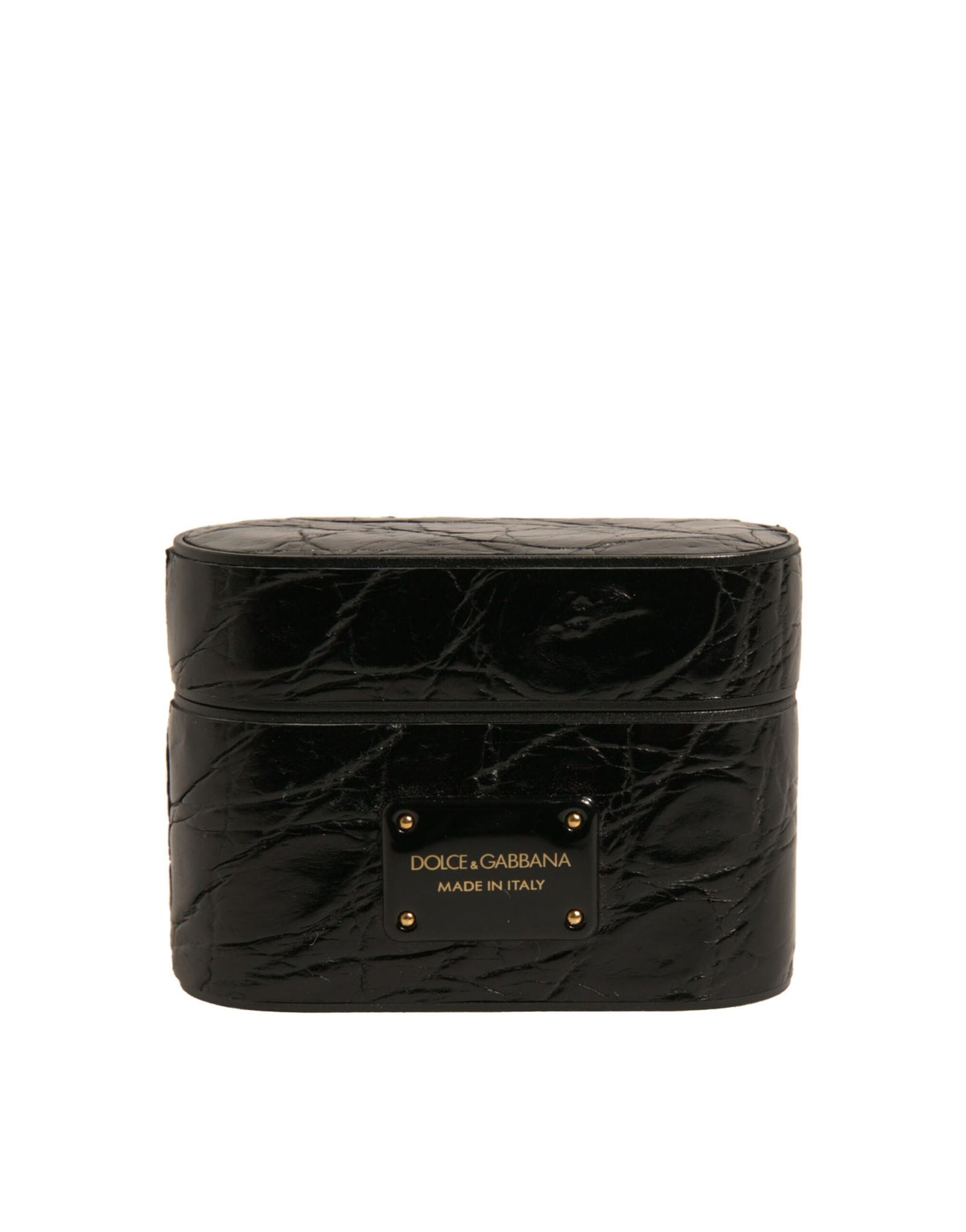 Dolce & Gabbana Black Leather Metal Logo Plaque Holder Airpods Case Curated Luxury Accessories by Orvyn