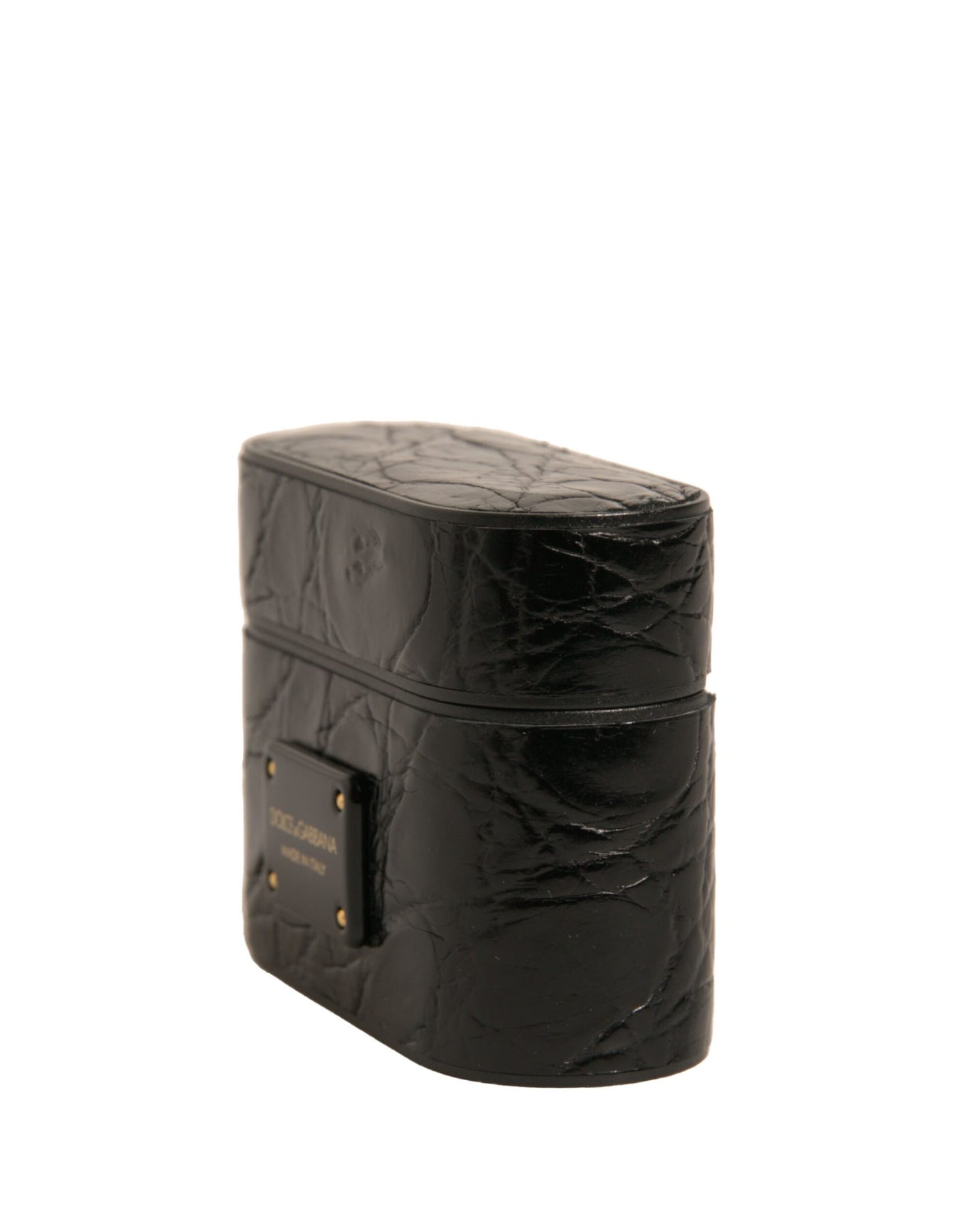Dolce & Gabbana Black Leather Metal Logo Plaque Holder Airpods Case Curated Luxury Accessories by Orvyn