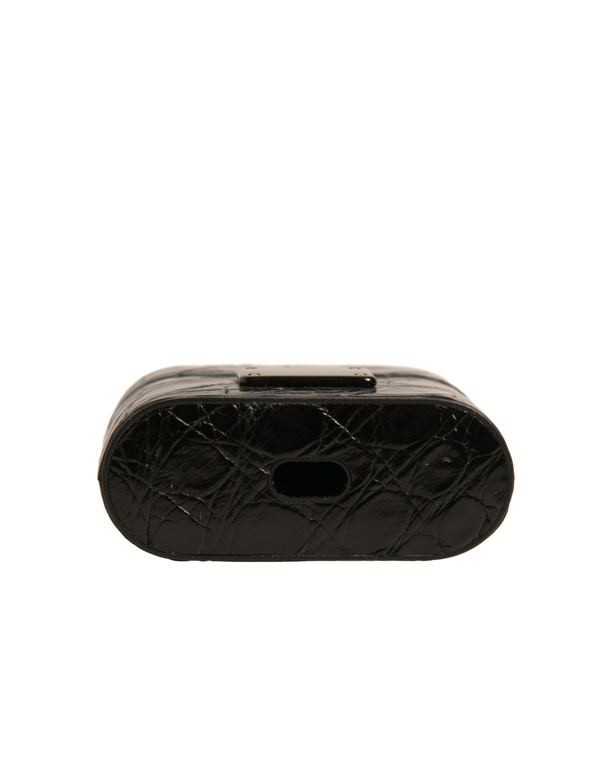 Dolce & Gabbana Black Leather Metal Logo Plaque Holder Airpods Case Curated Luxury Accessories by Orvyn