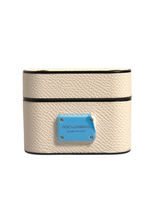 Dolce & Gabbana White Leather Metal Logo Plaque Holder Airpods Case Curated Luxury Accessories by Orvyn