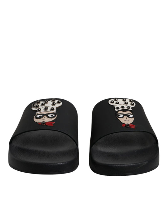 Dolce & Gabbana Black Leather Slides Sandals Beachwear Shoes Curated Luxury Accessories by Orvyn